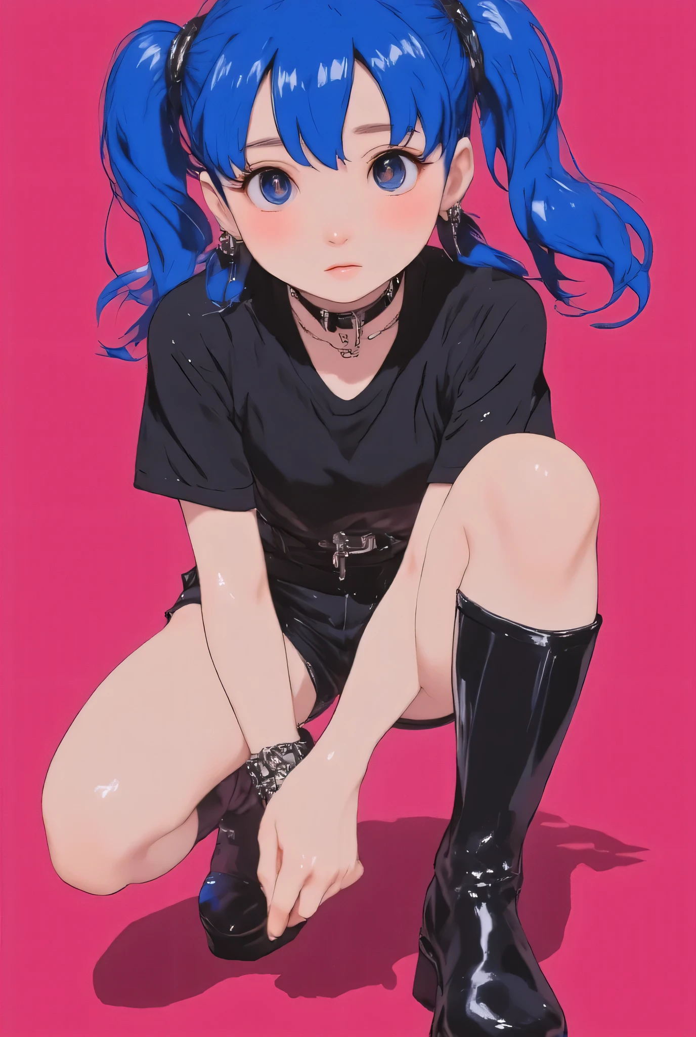 19th century RAW photo 、realistic、 Highest Quality、masterpiece、Dark Pink Background. Black and White, blue down twin tail hair , super cute girl, Minamoto Shizuka、Shizuka-chan、. squats, Gothic Tee , Gothic Shorts , Black Platform Boots, ツンデレShizuka-chan , Dark Pink Background, anime art style , Detailed Illustration , bright color , soft lighting, focused gaze, edgy look , expressive face , Unique Style , Eye Catching , , detailed hair, realistic shadows, 8k
