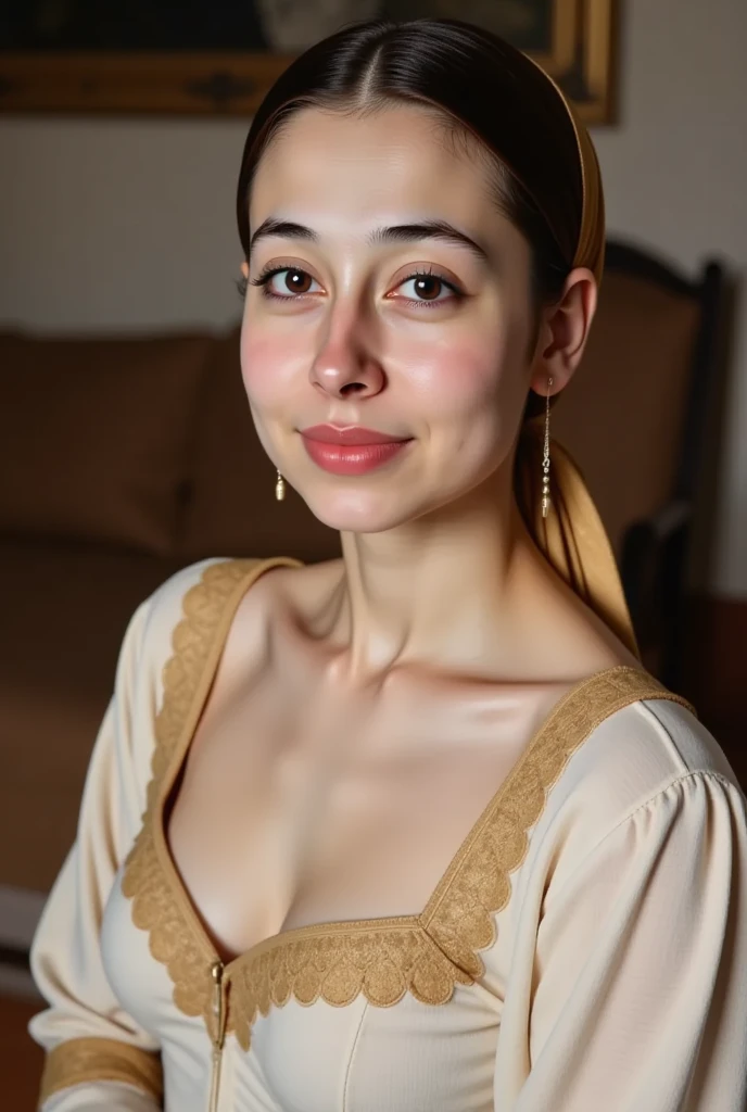 Beautiful and regal, imperious and aloof, busty athletic (thin) brunette queen with sharp facial features wearing a modest updo, dark red medieval dress, long sleeves, wide neck, crown, veil, long dress, tight bodice, (silver waist chain), medieval jewelry, Middle Ages, castle, rampart, wall, exterior, on top of a castle wall, trees, countryside, evening, sunset.