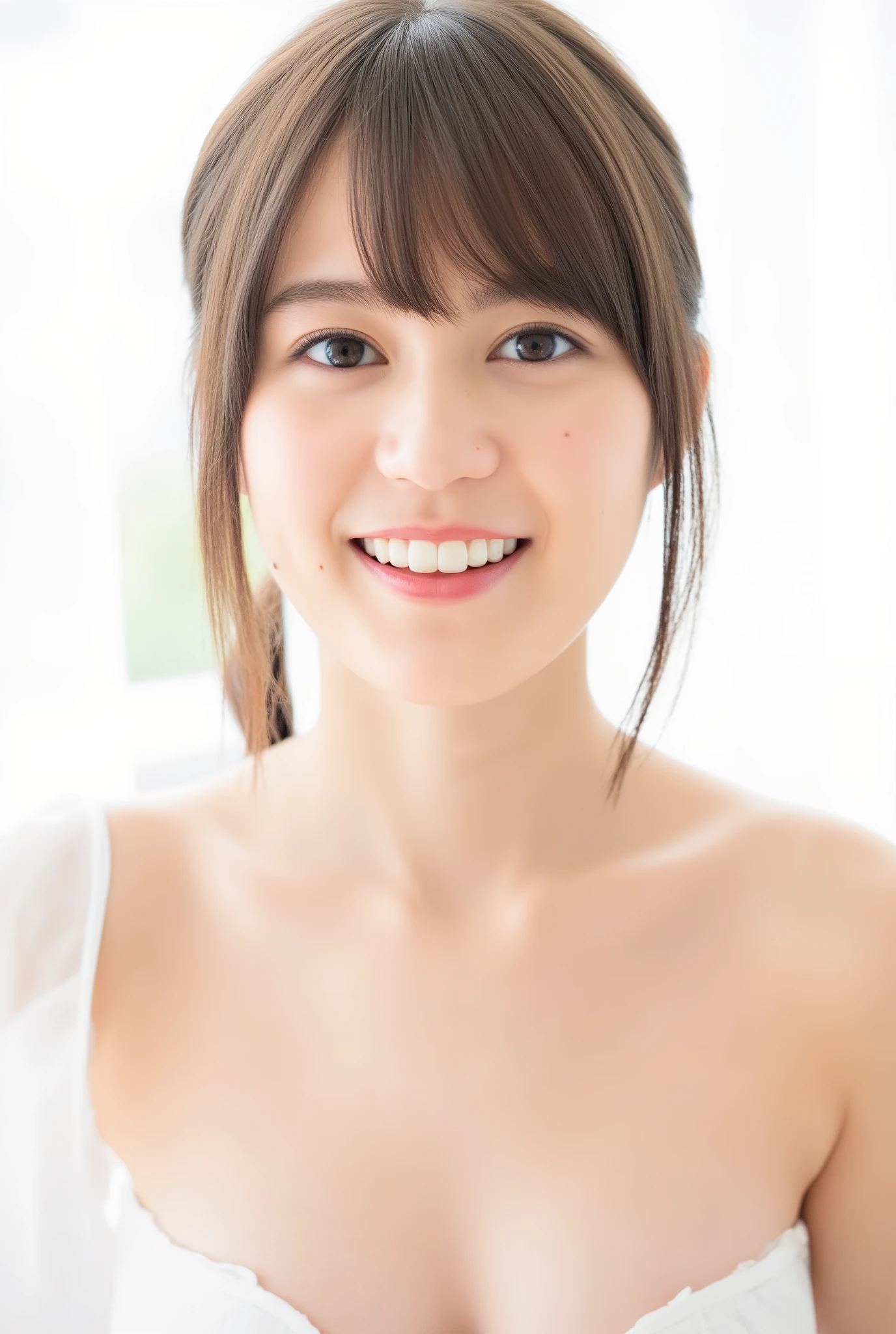 In this high-resolution photo、and bangs _Erica. she's a young Japanese woman named Ikuta with brown hair that reaches her shoulders、((white underwear))、I have white skin. She is looking straight into the camera、 with a joyful expression. The background is blurry, It looks like a window with white draped curtains. the lighting is soft and natural , The overall atmosphere of the image is calm and quiet. the whole image is bright and soft . ((ponytail hair))