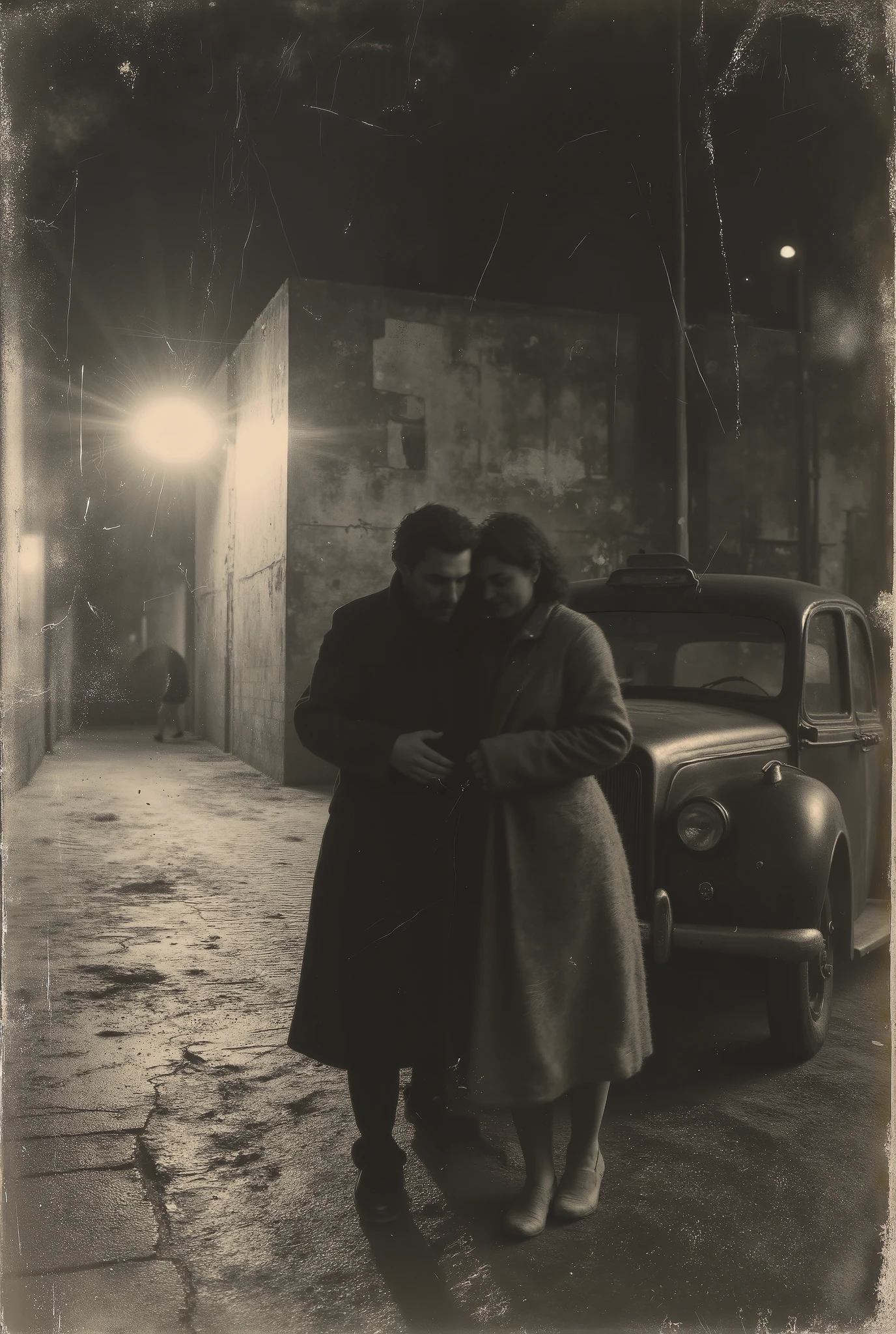 at night , a dark car parks in front of the warehouse. A man — an adult, Long dark coat, way, face covered by shade — carries an unconscious woman in his arms. The only lighting comes from the headlight of the car and the lamp in the shed. Era: 1933. discolored old photo , sepia , soft colors, light golden hue at sunset, masterpiece, highest quality tattoo, super detailed theme, Ultra high resolution, 8K.