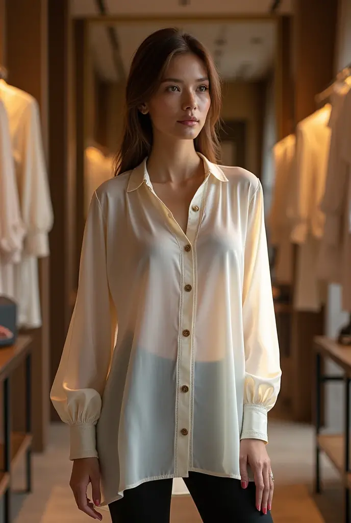 Women's blouse design, long sleeves and buttons, silk fabric, with custom label written hastille