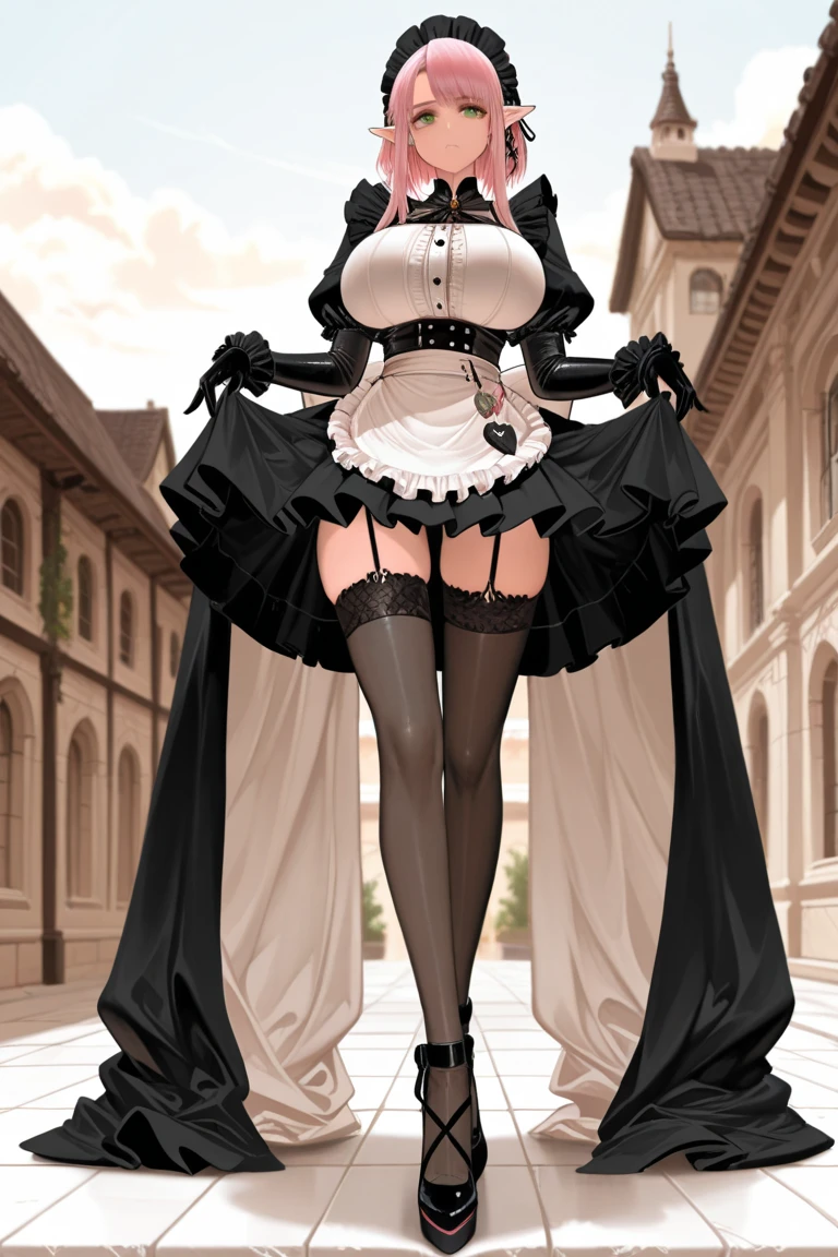 highly detailed skin, highly detailed face, (beautiful detailed eyes, red cheeks, smile), ((a girl stands)), The girl is a cute 18 year old bride, ((no panties, Cute, thin pubic hair)), (Not wearing a bra, small breasts, cute nipples), (Black Wedding Dresses), ((black heel shoes)), (white tights), the girl is slender, lace mini skirt, black hair, straight long hairstyle, flower hair ornament, earrings, black lace gloves, The Veil of the Bride, bride tiara, beautiful necklace, church chapel, A blizzard of falling flowers, ((Photographed from the front so that the girl's whole body is included)),