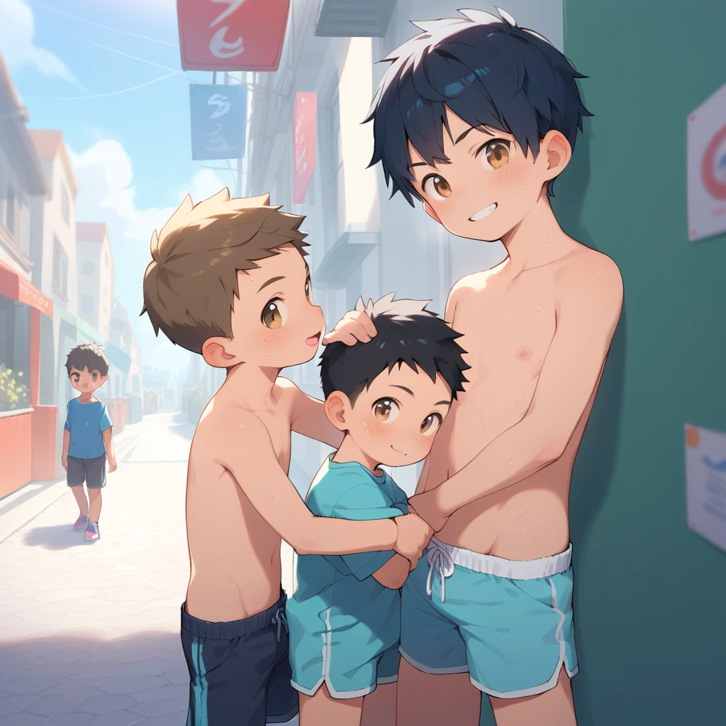 (Two Boys:1.5), (baggy:1.4), (White tank top:1.3), (black boxer briefs:1.3),(Handjob masturbation 1,3) (erection&ejaculation:1.2), (Looking up:1.4), The wind is blowing, (((Highest quality))), (((masterpiece))), (((Super detailed))), (skinny:1.3), ((Smooth Hair)), (The wind is blowing), ((Black Hair)), Wine red eyes, ((smile)), (Love juice dripping from penis), ((Earrings)), blue sky, Grass,, Underarm, Sweaty skin, ((Wet clothes)), Nipples, center, (Shooting from below)