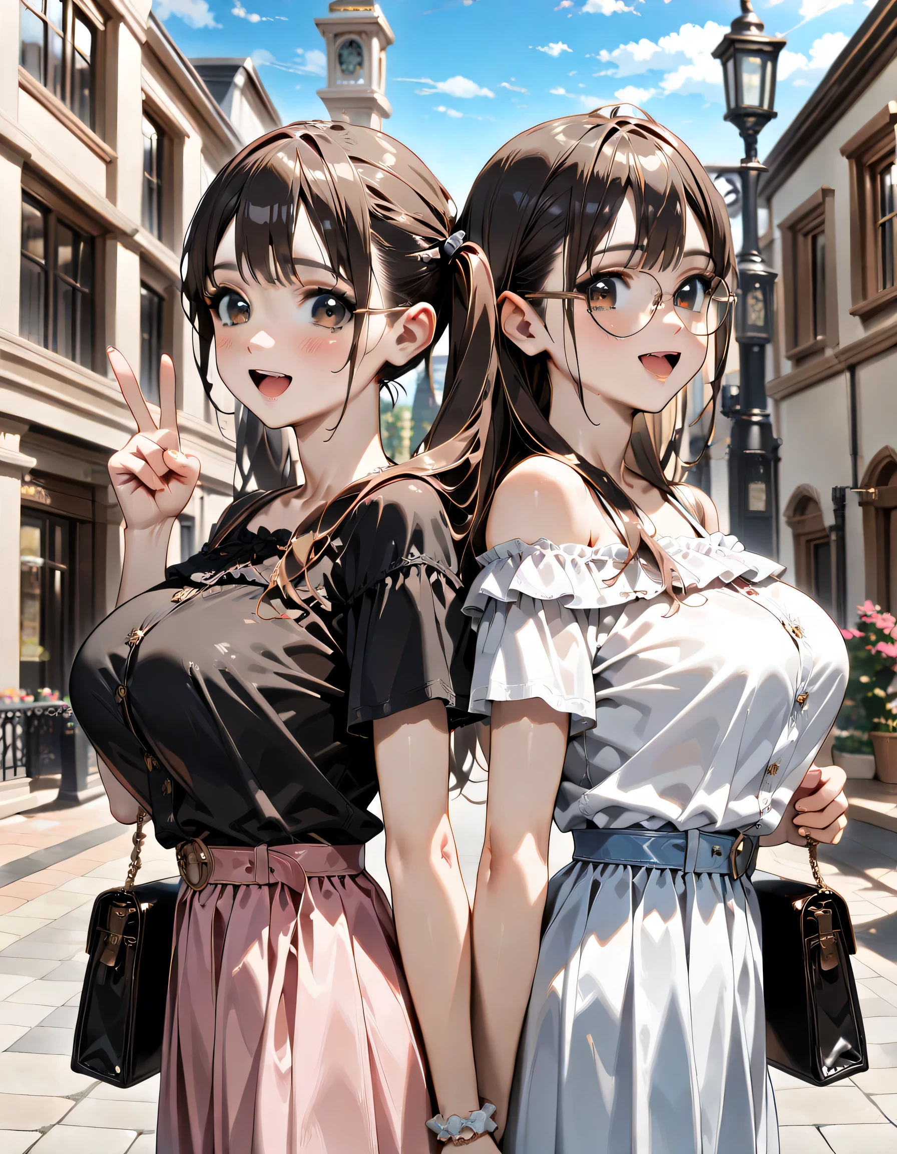 (score_9, score_8_up, score_7_up), source_anime, absurd_res, white, blue, black, (2girls), super fine illustration, an extremely delicate and beautiful, best quality, masterpiece, 8K, (upper body:1.4), Marika, Sena, back to back pose, silver hair, black hair, twin tails, black hair bow, black hair, long hair, swept bangs, half updo, aqua eyes, orange eyes, ((wearing glasses:1.3)), ((round eyewear:1.3)), round_glasses22A, (thick eyebrows), T-shirt with lightpurple, bustier with pink, mermaid skirt with lightbrown, shoulderbag, off-shoulder with bluepurple, culotte skirt with beige, shoulderbag, youth fashion, casual fashion, perfect feminine figure, anatomically perfect, beautiful detailed faces, huge breasts, radiant smiles, playful postures, matching outfits, peace signs, winking, cheerful expressions, Walking the streets of Paris, Paris cityscape background, Walking holding hands, vibrant colors, cute aesthetic, friendship theme, dynamic composition, energetic atmosphere, detailed facial features, bright lighting, youth fashion, standing pose, complementary poses, joyful mood, style, bubbly atmosphere,((4k,8k,Ultra HD)),((Masterpiece :1.2)),((Best quality :1.2)),((Detailed :1.5)),((Detailed background :1.5)),sharp lines, vivid colors, high contrast