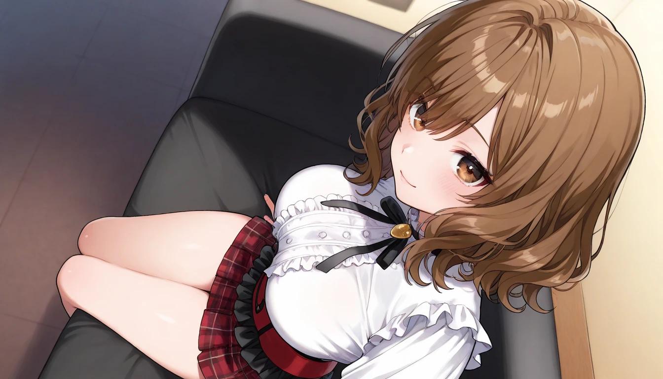 best quality, (masterpiece:1.2), highly detailed, indoors, 1girl, solo, ogiwara sayu,looking at the viewer, medium breasts, smile, closed mouth, hand on own chest,blush, sitting,brown eyes, brown hair, long hair, white shirt, plaid skirt, collarbone, cleavage,nude, bowtie,nude,Bend the calves to expose the bottom of the skirt and the panties are transparent,