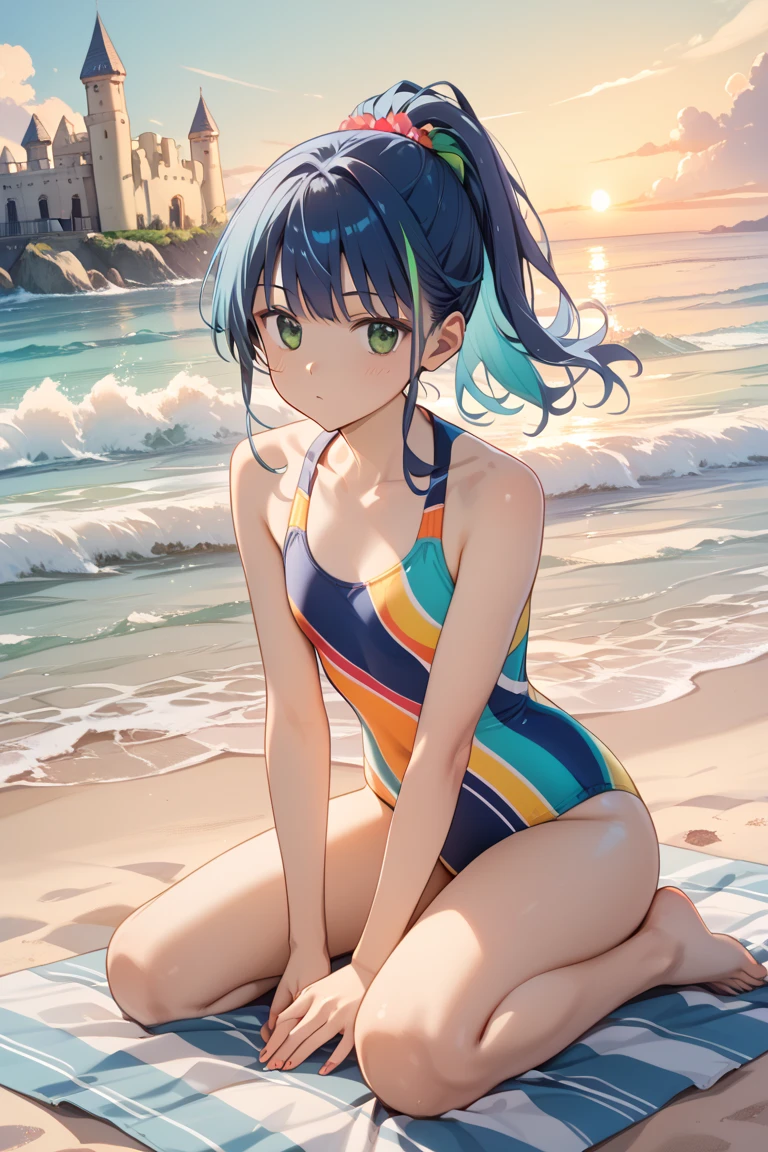 Tioplateau,Ao no Kiseki,Light blue ruffled one-piece swimsuit,sand beach,1a person,a dolphin,swim ring