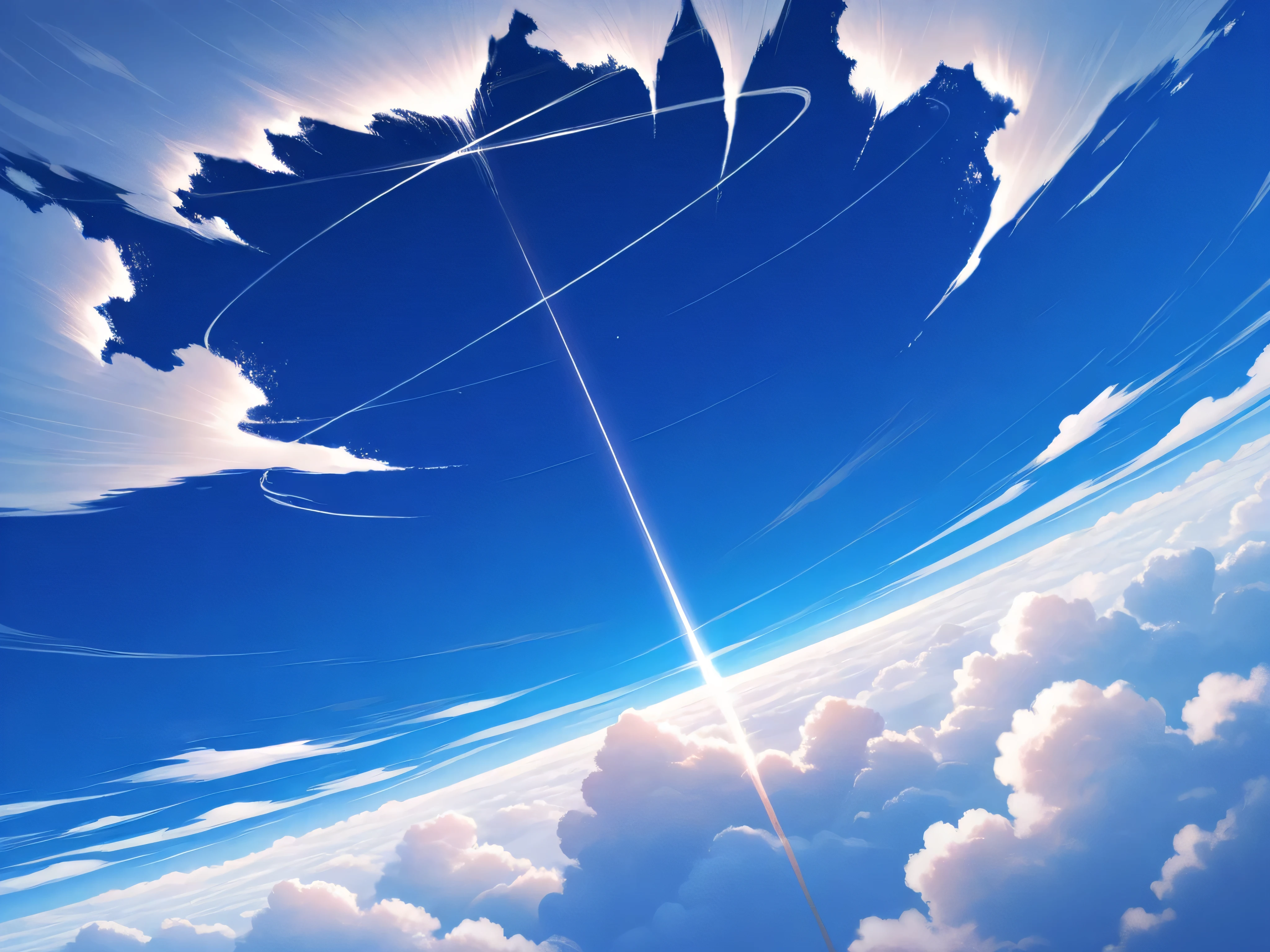 Image is a digital artwork depicting a vast, vibrant sky filled with fluffy, white cumulus clouds against a deep blue background. The clouds are intricately detailed, with varying shades of white and light gray, creating a sense of depth and movement. The sky is expansive, with streaks of lighter blue and white suggesting wind or motion, adding a dynamic element to the scene. The overall composition is symmetrical, with the clouds forming a natural frame around the center, drawing the viewer's eye towards the horizon. The artwork captures a serene and uplifting atmosphere, evoking a sense of openness and freedom.