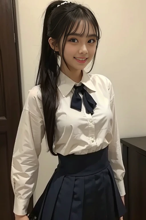 Standing in a large, empty room、Cute black hair、Twin-tailed high school girl、Summer uniform、Japanese、Makeup and a pretty face like an idol、Smiling、mini skirt、Full body portrait