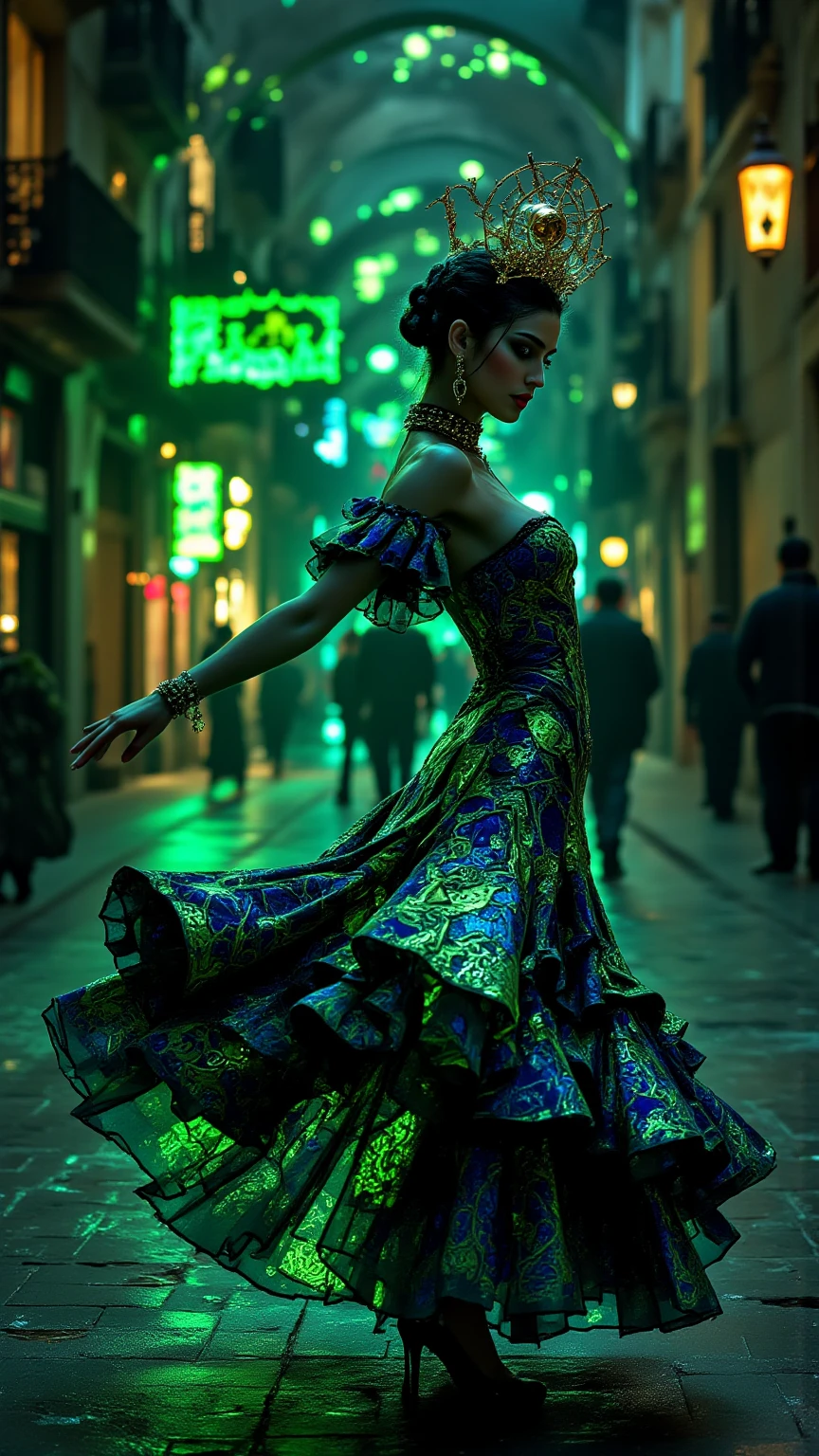 Créer une image de haute qualité 16k, photo réaliste, vu de très haut, presque vole d'avion, avec une femme, Jenna Ortega, habillée avec une jupe très longue vert épaisse détrempée donnant l'impression d'un mouvement arrêté dans le temps se déplaçant subtilement avec le mouvement de ses pas, volant au vent, ouverte sur les cuisses, des bottes style Doc Martens rose et lacet noir, un décolleté en V faisant apparaître ses seins, elle est coiffée de couettes longue tombant sur les épaules et sa chevelure est brune avec des meche bordeaux, elle porte sur la tête un chapeau haut de forme vert et violet, ornementé. Elle a un regard menaçant., malicieux, les yeux vert perçant. L'un de ses pieds est légèrement avancé, comme si elle était en train de faire un pas en avant vers la camera. Le temps humide, Pluie forte, le corps de la femme mouillé comme ses cheveux. elle se trouve dans une rue de la Nouvelle Orléans, des inconnus se promènes autour de Jenna Ortega ,il fait nuit, elle est illuminé uniquement par des lampadaire a la lumière vibrante teintée de jaune et d'orangé. L'ensemble de la scène capture un moment de puissance, de détermination et de peur.