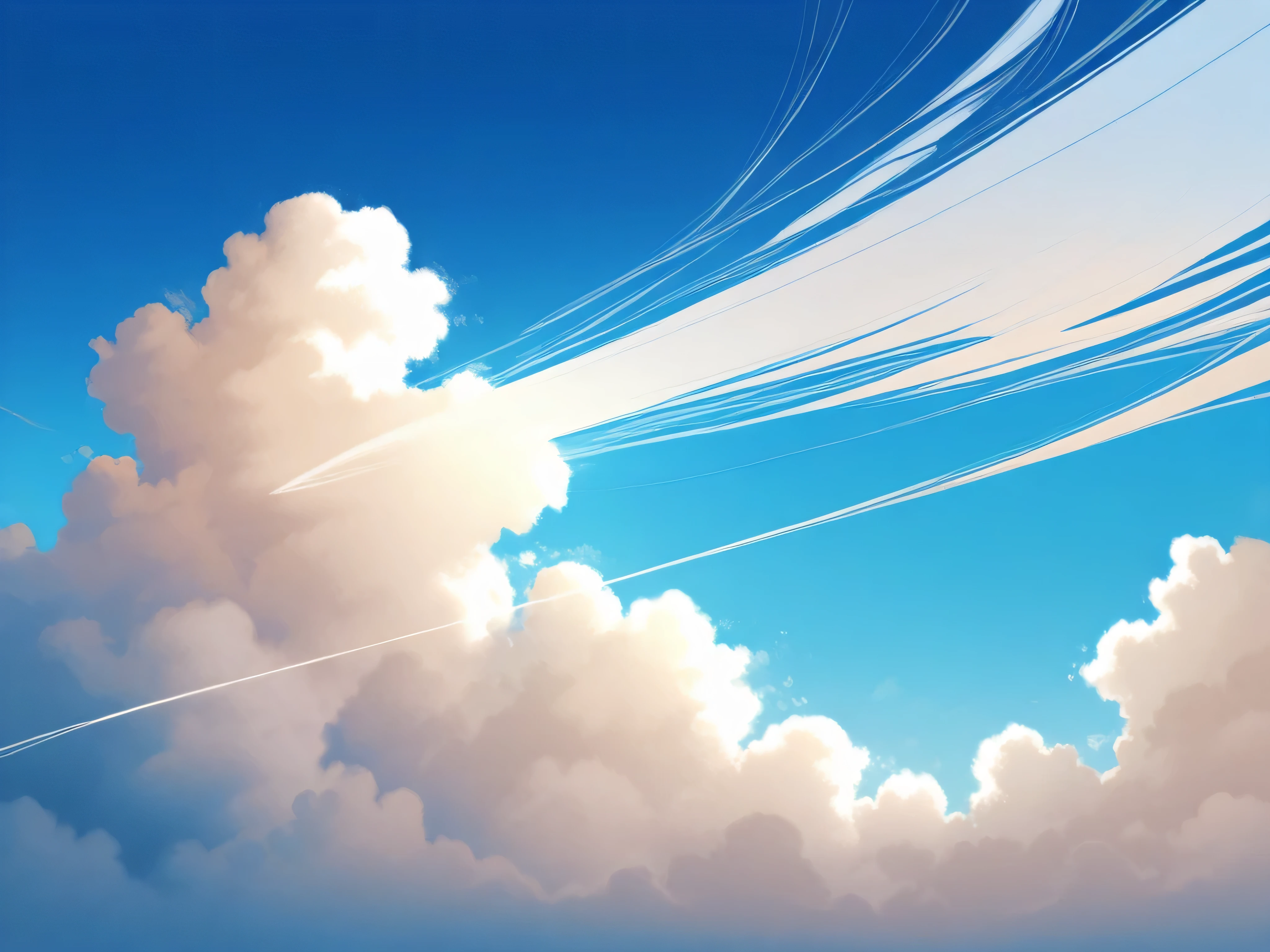 Image is a digital artwork depicting a vast, vibrant sky filled with fluffy, white cumulus clouds against a deep blue background. The clouds are intricately detailed, with varying shades of white and light gray, creating a sense of depth and movement. The sky is expansive, with streaks of lighter blue and white suggesting wind or motion, adding a dynamic element to the scene. The overall composition is symmetrical, with the clouds forming a natural frame around the center, drawing the viewer's eye towards the horizon. The artwork captures a serene and uplifting atmosphere, evoking a sense of openness and freedom.