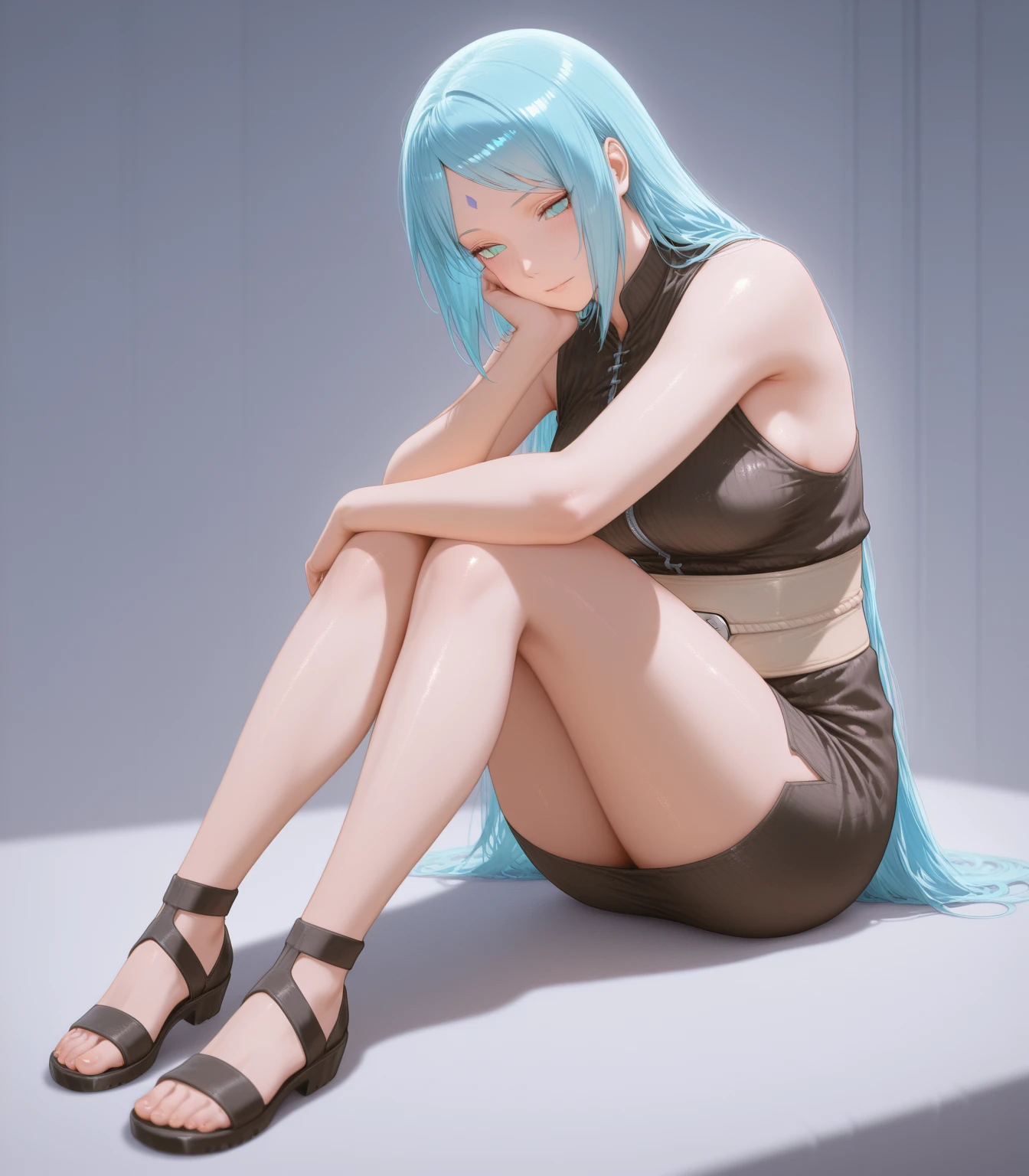 score_9,score_8_up,score_7_up,score_6_up,score_5_up,score_4_up,source_pony,1girl,pants,solo,barefoot,blue eyes,blue hair,denim,jeans,long hair,torn pants,torn clothes,arched back,sports bra,white background,breasts,looking at viewer,simple background,small breasts,full body,chair,grey sports bra,toes,feet,from side,leaning back,toenails,torn jeans,knee up,armpits,midriff,nail polish,shadow,very long hair,bare shoulders,legs,signature,