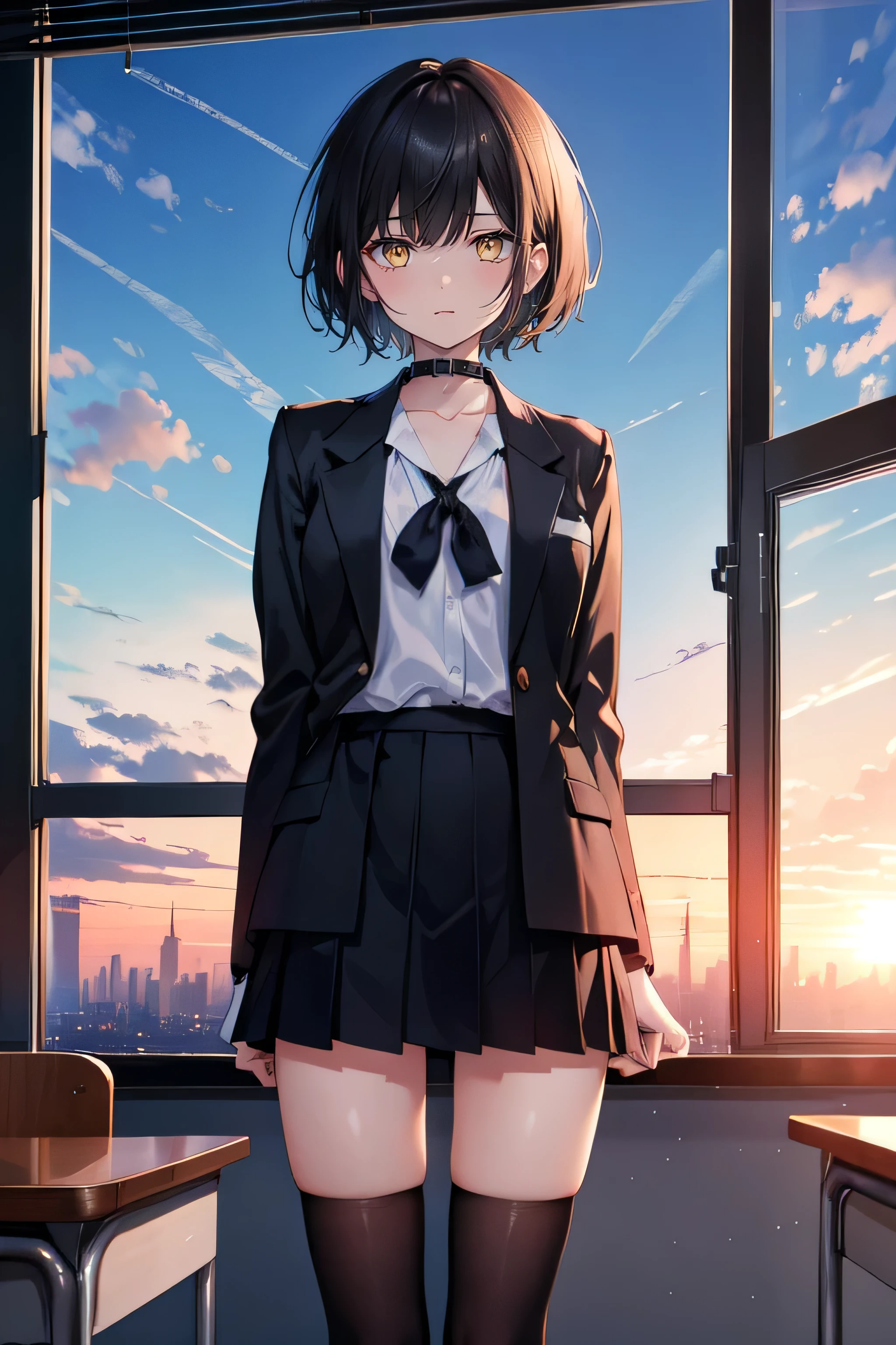 (masterpiece), (best quality), ultra detailed, finely detailed color, cenematic painting, anime lady, model, ((one lady)), 20-years-old, cute face, black hair, short hair, straight hair, standing, chocker, black blazer, white blouse, highschool uniform, thigh-high socks, emotionless, slender body, small chest, urban, sunset, vesper, evening, twilight, dusk, window, classroom background