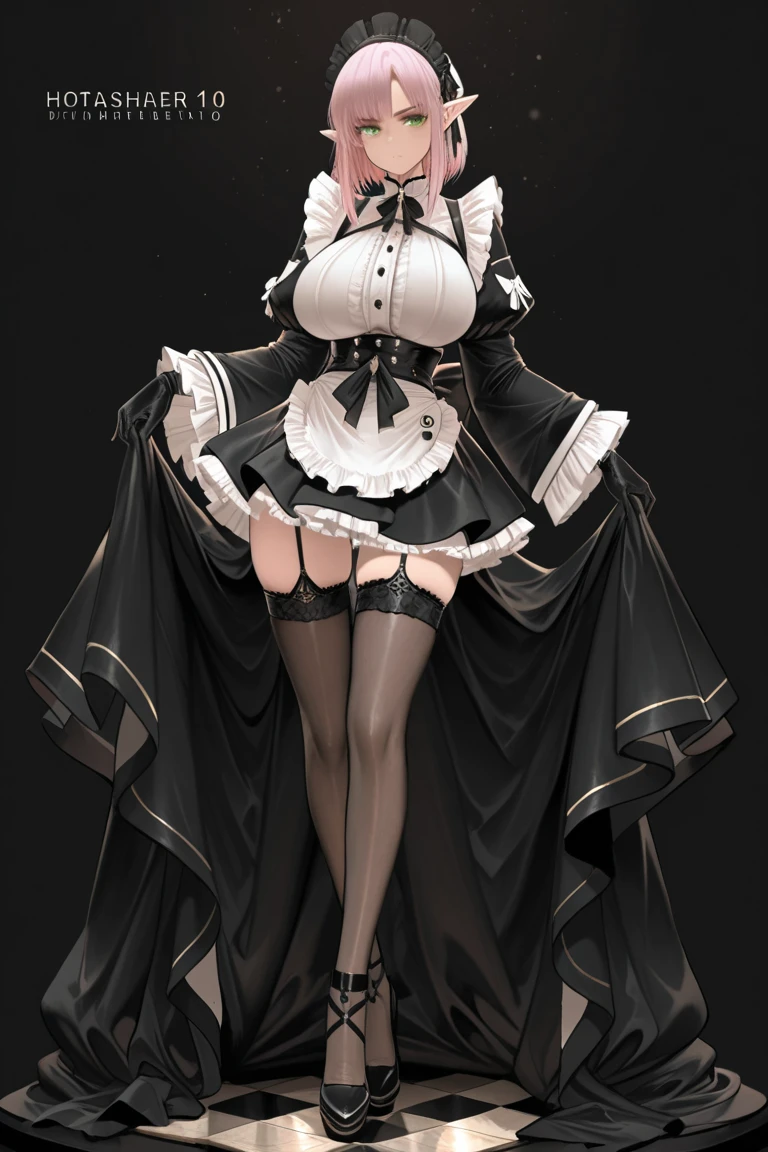 White hair , short hair, pinched eyes, (big-:1.5), Thin legs, thin body, leather collar, Maid outfit victorian, dynamic pose, full body, view from below, wide hips, kneel on the sheet in bed