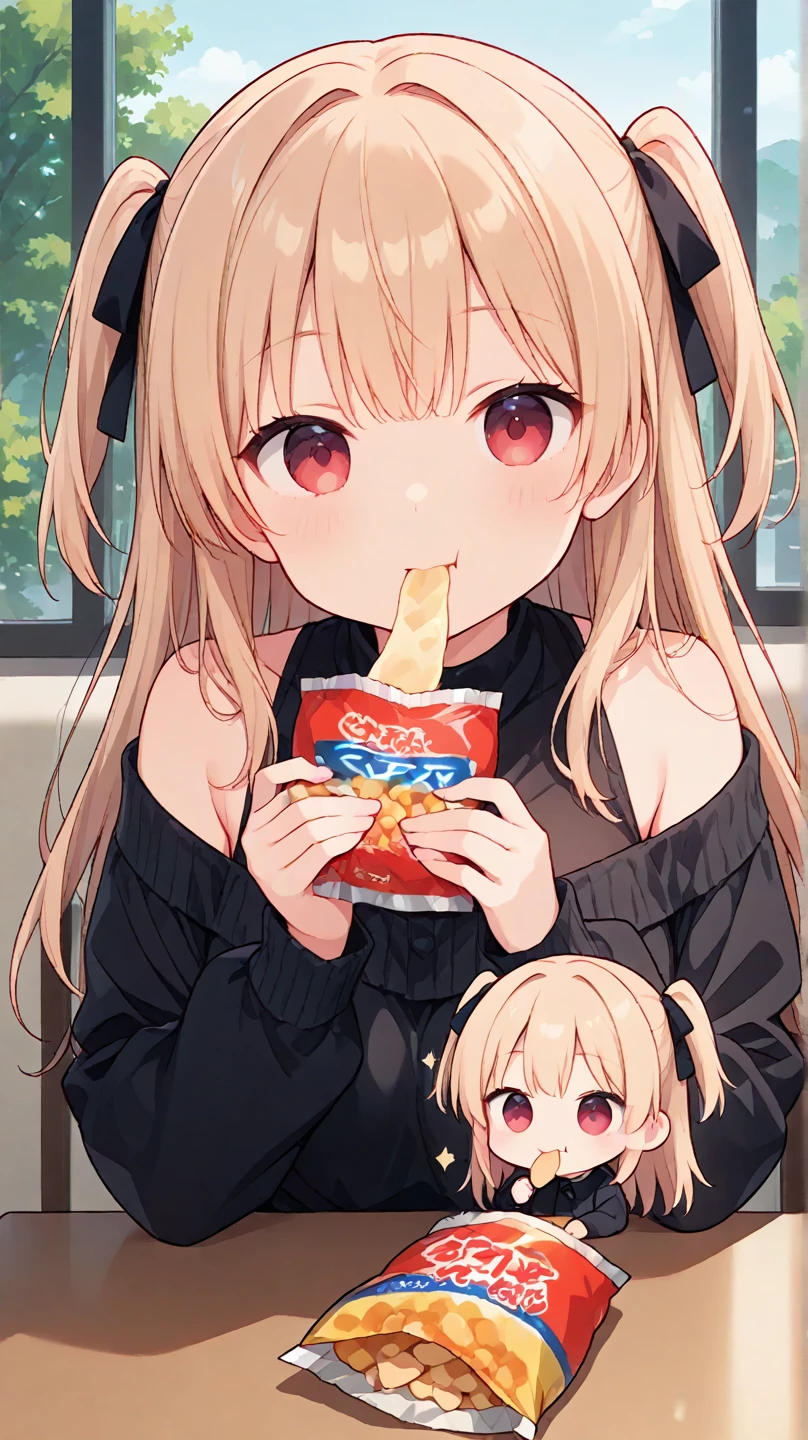 Cute, charming beautiful chibi girl  eating  snack, stunning background 