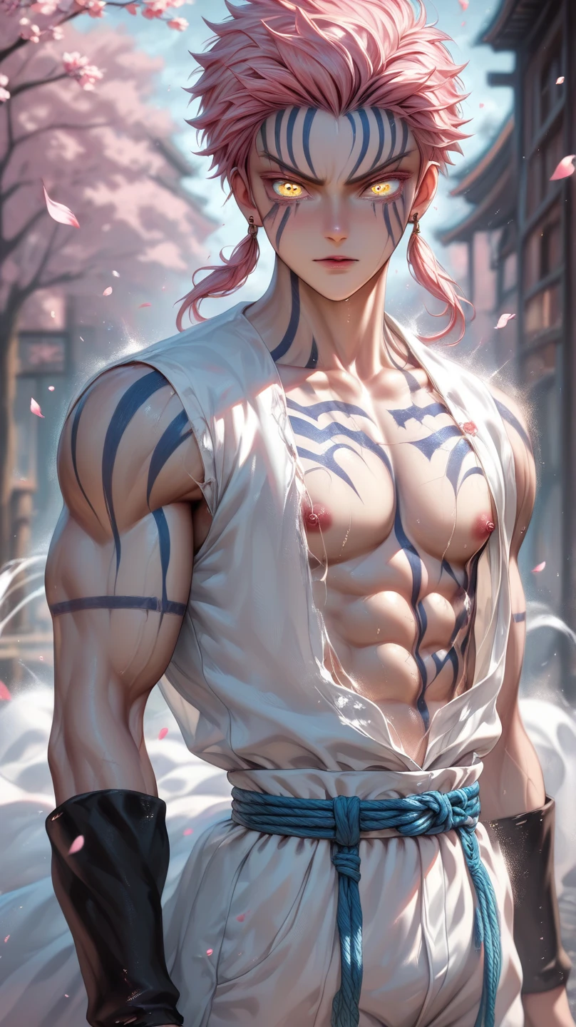 Close-up：A man with pink hair sits on a pillar, The handsome guy in Demon Slayer, Male anime characters, beef patty pose, Burning cedar, Firmware version, Strongest posture, Joseph Joestar, Portrait of Hisoka Hunter, murata and artgerm series, Shikanosuke Yagaki, Cool anime poses