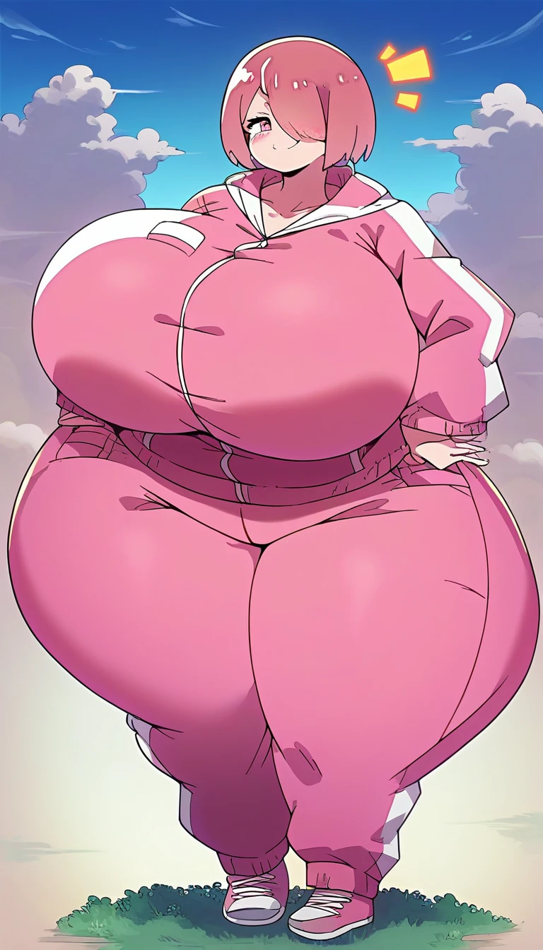 ((anime boy )), ((androgynous)),((dark skin)), ((long white hair with pink streaks)),(( hair Styled into a Bun and braided ponytail )),((Red eyes)) , (Tall),(White half jacket), ((hot pink Crop top)) ,(Skimpy white shorts) , ((pink heart face mark on cheek)) ,((evil aura)), crazy smile , ((Pop Idol)) , ((yandere: 1.5)), ((Masterpiece)), High Aesthetic, ((high quality )),((1boy, Solo)),((hyper hips)),(( immobile,)),((pear_shaped_body)),((belly_bigger_than_body)), (double chin)