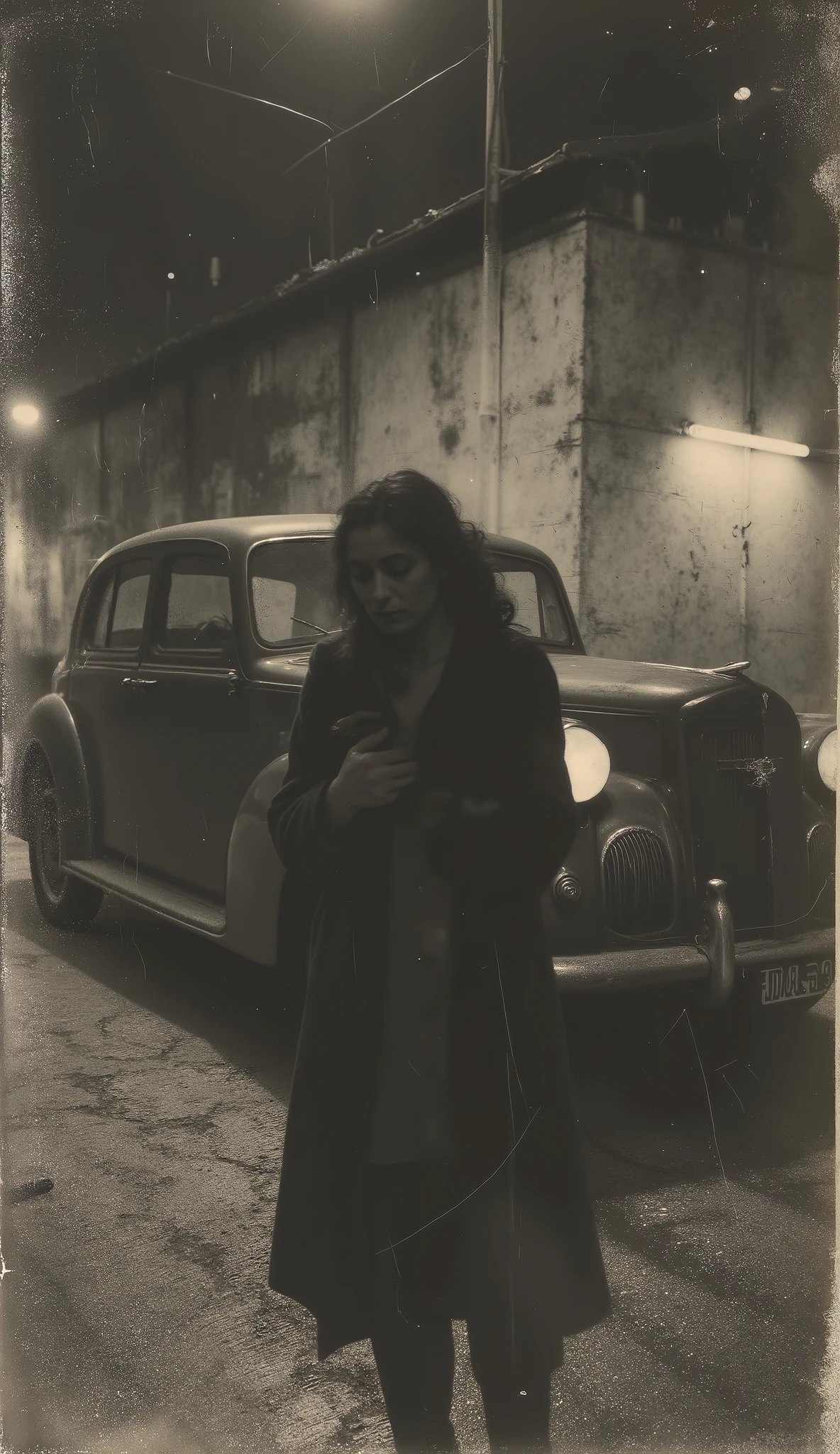 at night , a dark car parks in front of the warehouse. A man — an adult, Long dark coat, way, face covered by shade — carries an unconscious woman in his arms. The only lighting comes from the headlight of the car and the lamp in the shed. Era: 1933. discolored old photo , sepia , soft colors, light golden hue at sunset, masterpiece, highest quality tattoo, super detailed theme, Ultra high resolution, 8K.