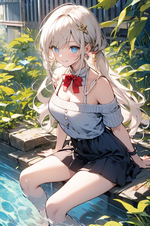 (NSFW:1.1), masterpiece, Highest quality, Ultra-high resolution, Highest Resolution, Very detailed, cowboy shot, very cute, Complete limbs, Shining Eyes, Full Finger, Slender beauty, Tiny breasts, Silver Bun Hair, Embarrassed look, Writhing expression, School swimsuit, Glowing Skin, squat with knees up, River side, turee, suspension bridge, (Wind:1.2)