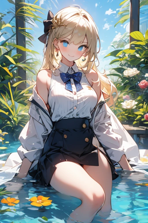 A girl in a black bikini、Wearing a hat,masterpiece, best quality) detailed,silver accessories , Blonde ,elegant, Pointed ears ,Black shirt,Black pleated skirt,Ponytail,Waist-length hair,Smile,Star decoration,Lace lace socks,vampire,Lace underwear,Lace stockings,Exposing thighs,(Nurse Clothing),Thorny,body covered with thorns,Rattan,Sea of Flowers