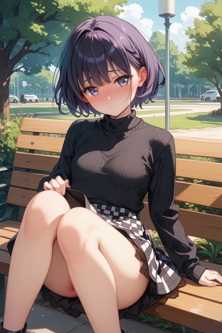 source_anime, rating_explicit, score_9, score_8_up, score_7_up, black_hair, goth, gothic, short_hair, looking at viewer, scarf, summer dress, goth girl, ikuchan, solo, skinny, outdoors, clothed, sitting, bench, bored, gyaru fashion,