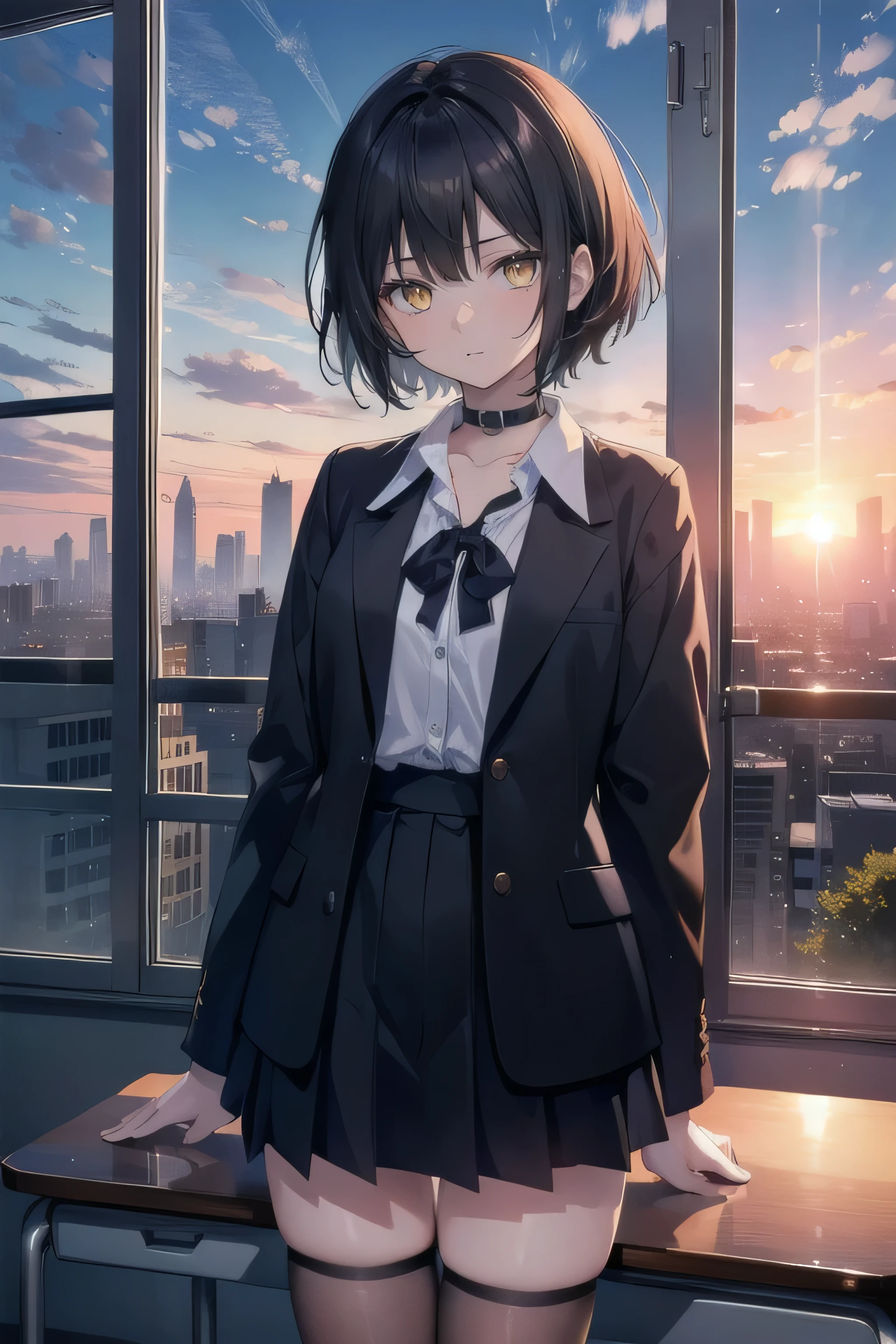(masterpiece), (best quality), ultra detailed, finely detailed color, cenematic painting, anime lady, model, ((one lady)), 20-years-old, cute face, black hair, short hair, straight hair, standing, chocker, black blazer, white blouse, highschool uniform, thigh-high socks, emotionless, slender body, small chest, urban, sunset, vesper, evening, twilight, dusk, window, classroom background