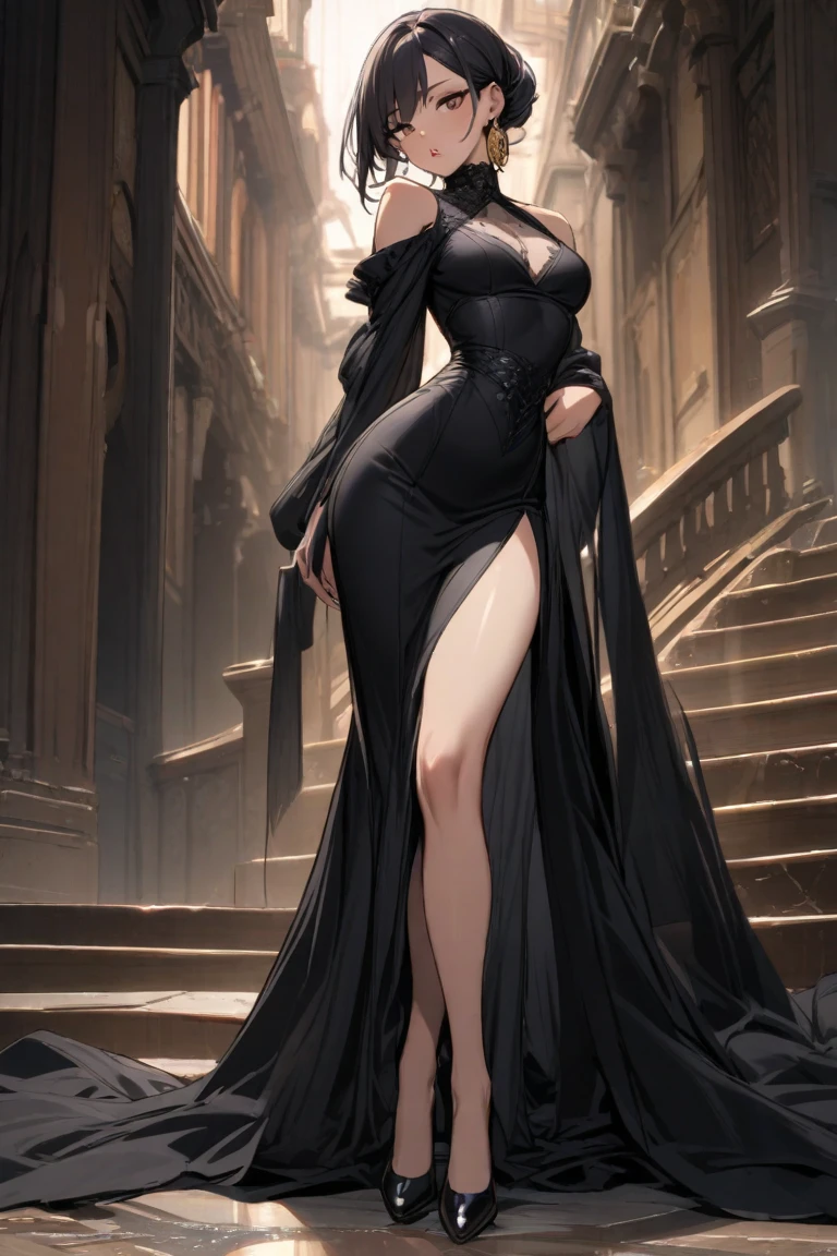 Setting: Royal bedroom - Grand, opulent, with rich fabrics and tapestries Character: Appearance: White hair - Short, styled in a sharp bob Full figure - Curvaceous Attire: High boots - Leather, reaching up the calves Elegant outfit - Befitting the royal setting (consider a dress, gown, or ensemble) Red tattoo - Delicate design on the navel Face - A confident smirk plays on her lips, eyes sparkling with amusement Pose: Full body - Standing tall Hands - Resting on hips in a commanding posture Additional details: (add to the background a four-poster bed, a plush rug, ornate furniture)