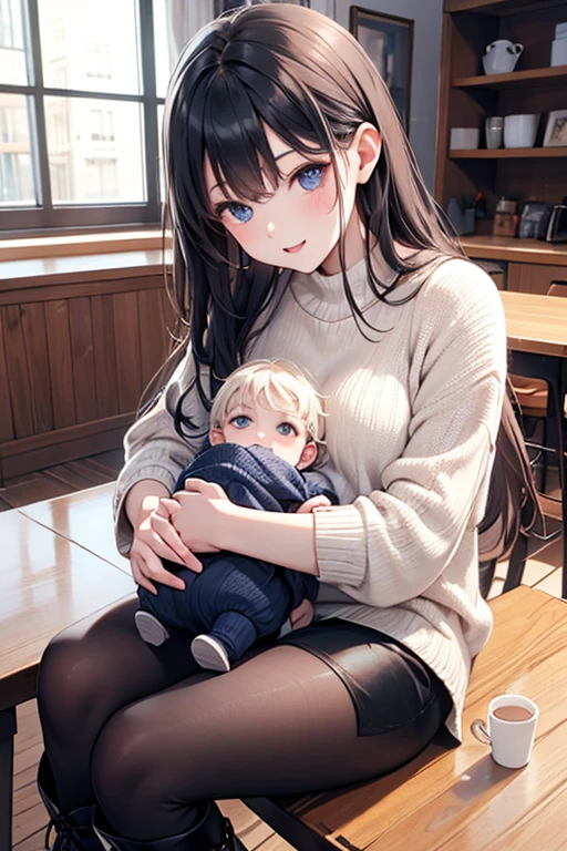 (8K, Best Quality, Masterpiece, Ultra High Resolution) Woman with dark hair holding baby, holding baby with black hair, beside woman is young boy, young boy has white hair, sitting on sofa