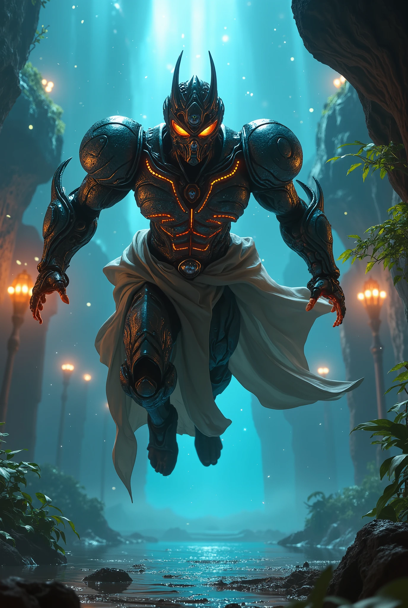 an arabian guyver, detailed futuristic cyborg suit, intricate mechanical parts, Arabian robe glowing energy core, fierce expression, muscular physique, hovering in the air, desert oasis landscape, vibrant blue and orange color scheme, dramatic lighting, cinematic, hyper detailed, 8k, photorealistic, unreal engine, volumetric lighting, ray-traced, octane render
