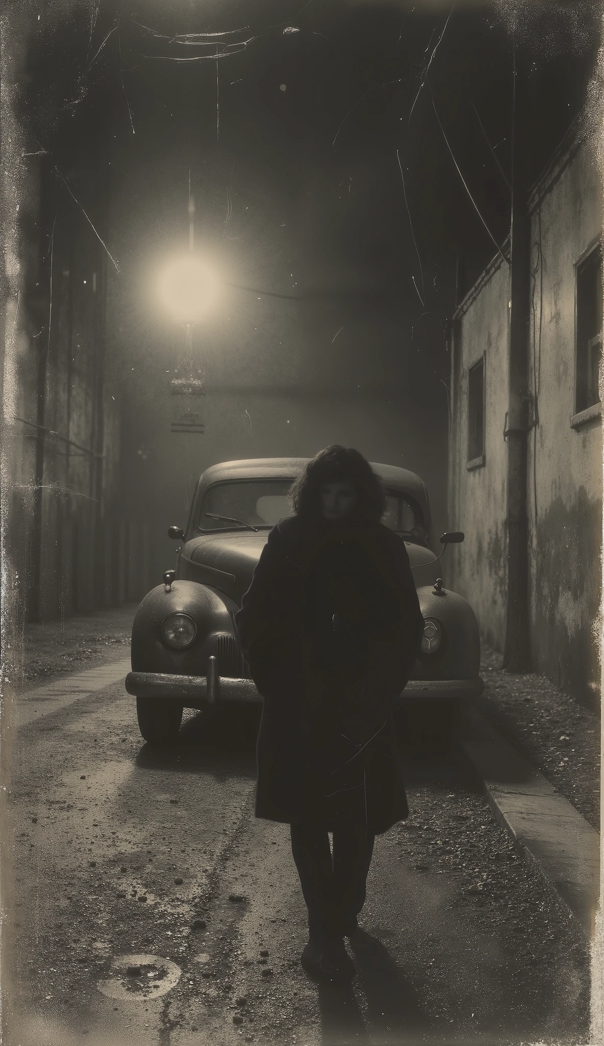 at night , a dark car parks in front of the warehouse. A man — an adult, Long dark coat, way, face covered by shade — carries an unconscious woman in his arms. The only lighting comes from the headlight of the car and the lamp in the shed. Era: 1933. discolored old photo, sepia, soft colors, light golden hue at sunset, masterpiece, highest quality tattoo, super detailed theme, Ultra high resolution, 8K.