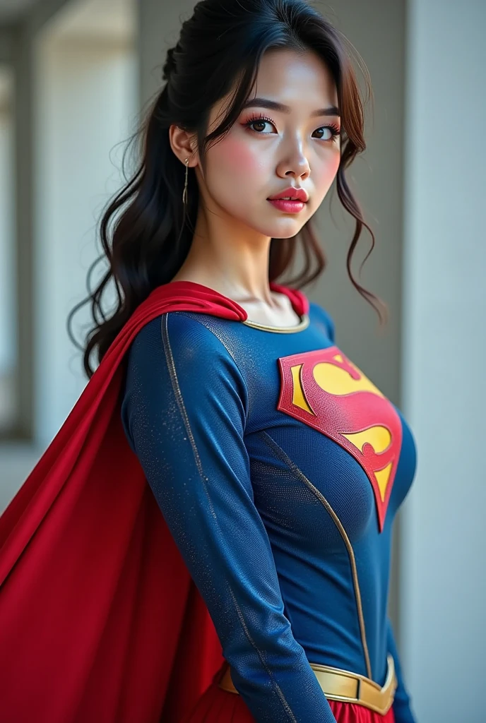 1 Girl, Very bright backlight, Solo, {beautiful-detailed eyes}, large full breasts, dark room, calm expression, Natural light and soft light, Hair fluttering in the breeze, delicate facial features, Blunt bangs, beautiful Korean girl, Eye Smile, Very small earrings,long cloak,(Wearing superman suit :1.3) ,23 years old, film grain, Real hands,shy smile,sexy poses,ultra detail,detail, more detail