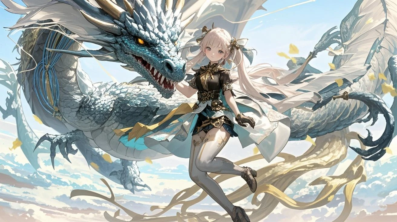 Top light, Vision (Shooting from bottom up), girl, Equipped with a weapon, Outdoor, Are standing, Clouds from behind, null, cloudy null, animal, Oriental White Dragon, monster, 1 other, fog,