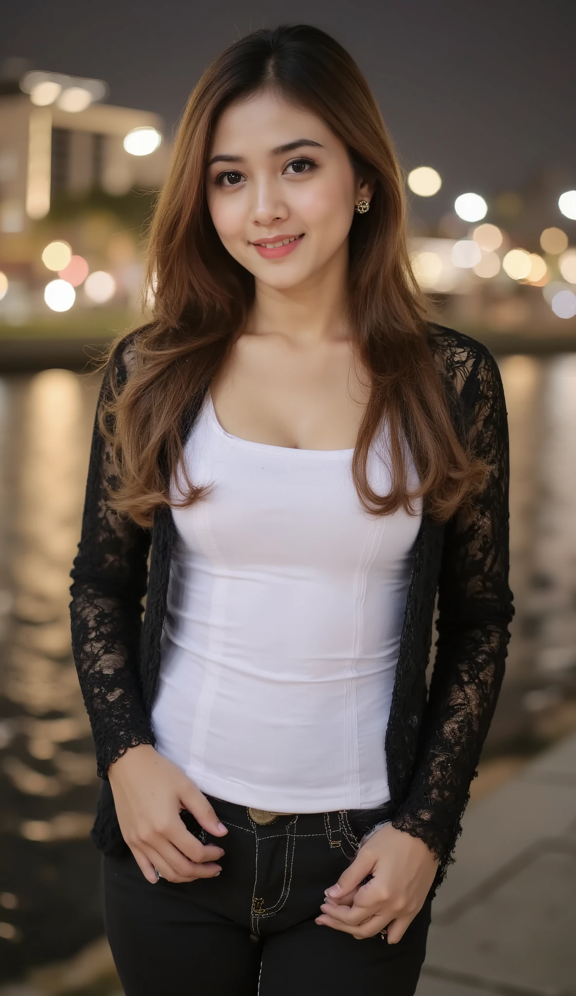 A beautiful indonesian female with long tangled hairstyle, 25 years old. indonesian face, highly detailed beautiful face and eyes, attractive face, charming face, Full body, perfect body, white skin, medium breasts, anatomically correct, long tangled hair, brown hair. Wearing black cardigan, white t-shirt, black jeans. Background overlooking a beautiful river and city at night. Standing facing forward, Look at viewer, smile showing teeth, hand in pocket. Ultra detailed body, highly detailed appearance, hyper quality image. Bokeh. Hyper resolution. Ultra high realistic image. 16k. Ultra detailed