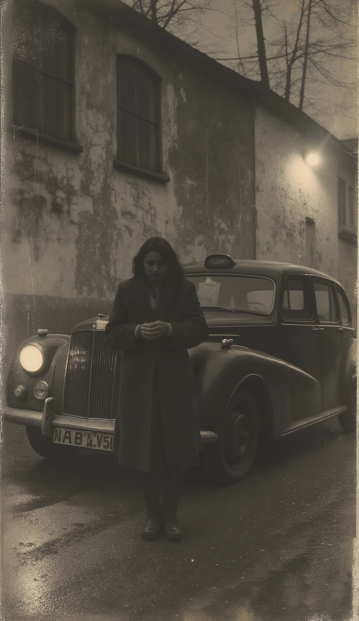 at night, a dark car parks in front of the warehouse. A man — an adult, Long dark coat, way, face covered by shade — carries an unconscious woman in his arms. The only lighting comes from the headlight of the car and the lamp in the shed. Era: 1933. discolored old photo, sepia, soft colors, light golden hue at sunset, masterpiece, highest quality tattoo, super detailed theme, Ultra high resolution, 8K.