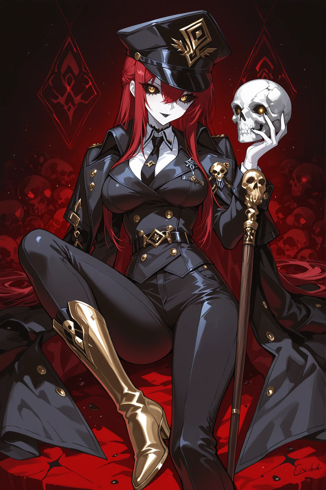 1 girl , golden eyes , very long hair , long sidelocks, red hair ,half updo, petite , very cute , beautiful ,Straight hair, cool, handsome, hair between eyes, sexy, female, mediumlarge breasts, strict black officer's cap with a dark red piping and welt, cockade on the cap is dark red in the form of a diamond pattern with an elongated upper corner on top of which three small diamonds are washed, inside the main diamond there is another diamond, only smaller. pale skin and face, Black sclera of the eyes, (black sclera:1.0), Black matte lipstick on the lips, black officer's jacket, white shirt, tied black tie, Black straight trousers are tucked into high officer's chrome boots, A dark officer's greatcoat with a double-breasted collar with dark red lines along the edges was thrown over the shoulders., Holding an intricate wooden cane with an etched skull on its handle, skulls lie at your feet, dark red theme