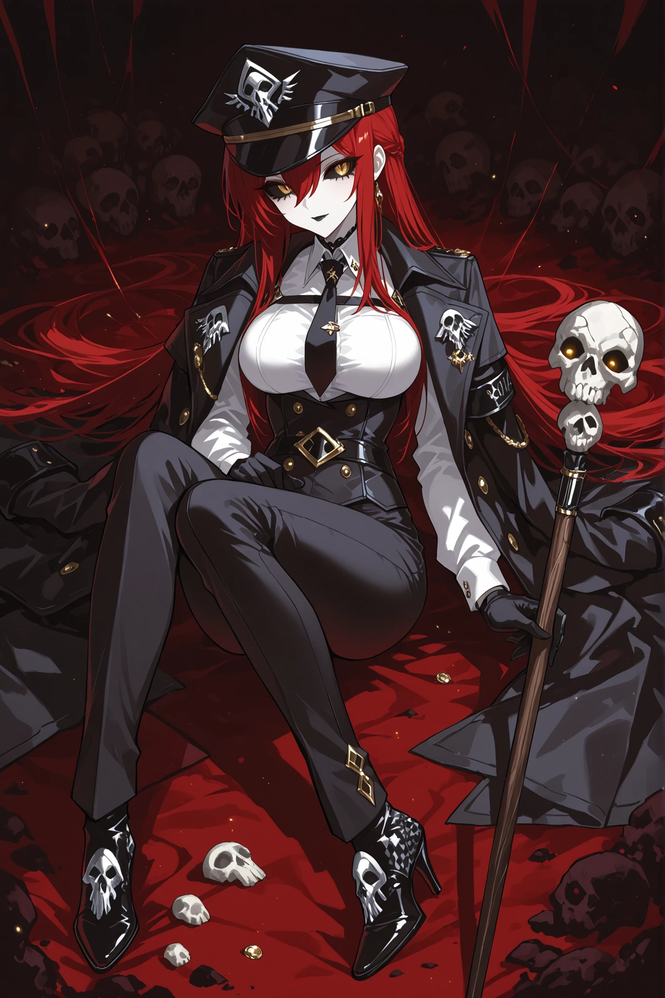1 girl , golden eyes , very long hair , long sidelocks, red hair ,half updo, petite , very cute , beautiful ,Straight hair, cool, handsome, hair between eyes, sexy, female, mediumlarge breasts, strict black officer's cap with a dark red piping and welt, cockade on the cap is dark red in the form of a diamond pattern with an elongated upper corner on top of which three small diamonds are washed, inside the main diamond there is another diamond, only smaller. pale skin and face, Black sclera of the eyes, (black sclera:1.0), Black matte lipstick on the lips, black officer's jacket, white shirt, tied black tie, Black straight trousers are tucked into high officer's chrome boots, A dark officer's greatcoat with a double-breasted collar with dark red lines along the edges was thrown over the shoulders., Holding an intricate wooden cane with an etched skull on its handle, skulls lie at your feet, dark red theme