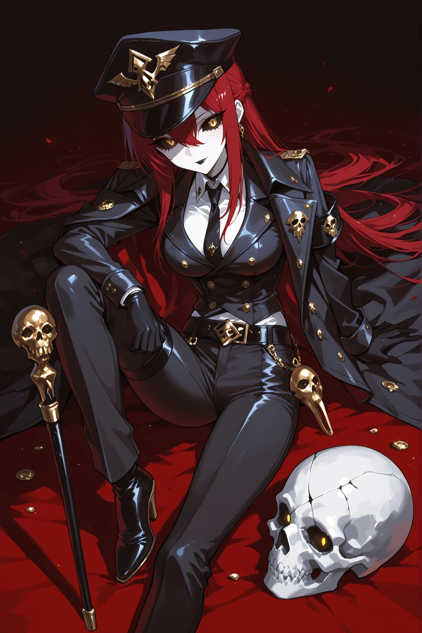 1 girl , golden eyes , very long hair , long sidelocks, red hair ,half updo, petite , very cute , beautiful ,Straight hair, cool, handsome, hair between eyes, sexy, female, mediumlarge breasts, strict black officer's cap with a dark red piping and welt, cockade on the cap is dark red in the form of a diamond pattern with an elongated upper corner on top of which three small diamonds are washed, inside the main diamond there is another diamond, only smaller. pale skin and face, Black sclera of the eyes, (black sclera:1.0), Black matte lipstick on the lips, black officer's jacket, white shirt, tied black tie, Black straight trousers are tucked into high officer's chrome boots, A dark officer's greatcoat with a double-breasted collar with dark red lines along the edges was thrown over the shoulders., Holding an intricate wooden cane with an etched skull on its handle, skulls lie at your feet, dark red theme