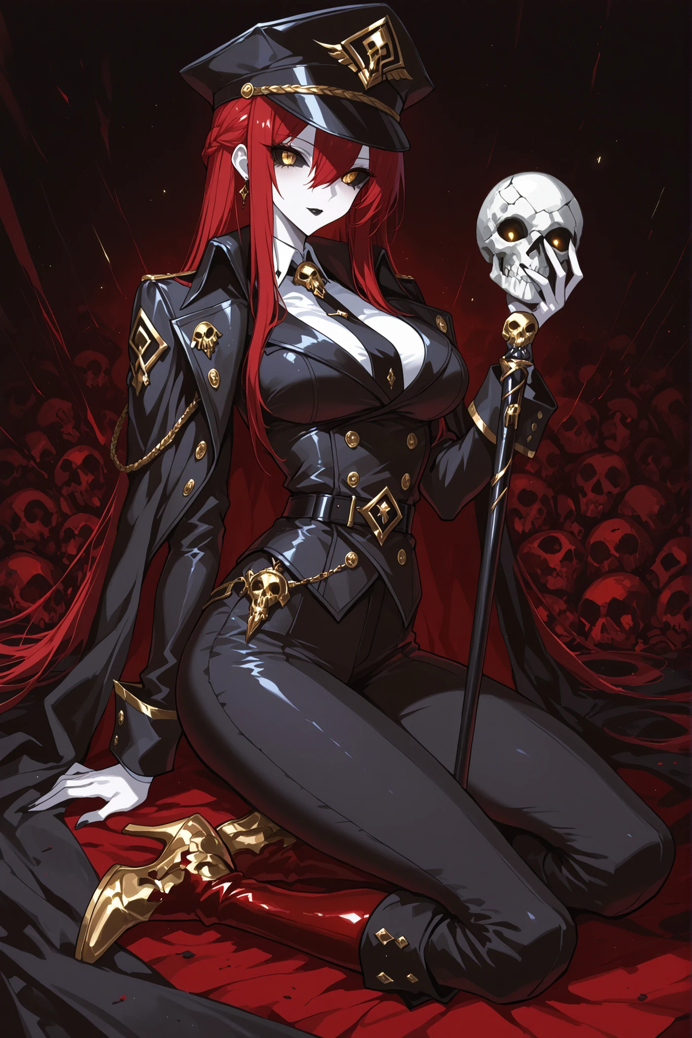 1 girl , golden eyes , very long hair , long sidelocks, red hair ,half updo, petite , very cute , beautiful ,Straight hair, cool, handsome, hair between eyes, sexy, female, mediumlarge breasts, strict black officer's cap with a dark red piping and welt, cockade on the cap is dark red in the form of a diamond pattern with an elongated upper corner on top of which three small diamonds are washed, inside the main diamond there is another diamond, only smaller. pale skin and face, Black sclera of the eyes, (black sclera:1.0), Black matte lipstick on the lips, black officer's jacket, white shirt, tied black tie, Black straight trousers are tucked into high officer's chrome boots, A dark officer's greatcoat with a double-breasted collar with dark red lines along the edges was thrown over the shoulders., Holding an intricate wooden cane with an etched skull on its handle, skulls lie at your feet, dark red theme