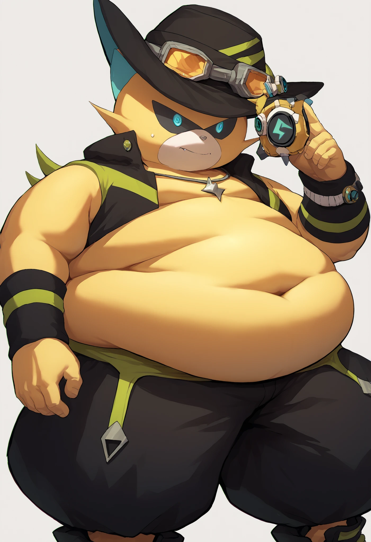 score_core_8_up,score_7_up,Wild Boy, yellow body ,blue eyes,cat,1 boy,source_anime,has a cowboy hat,Baggy Pants,goggles,WRIST SWEATBANDS,Being overweight,Obese Body Type,big belly,belly with fat,huge stomach