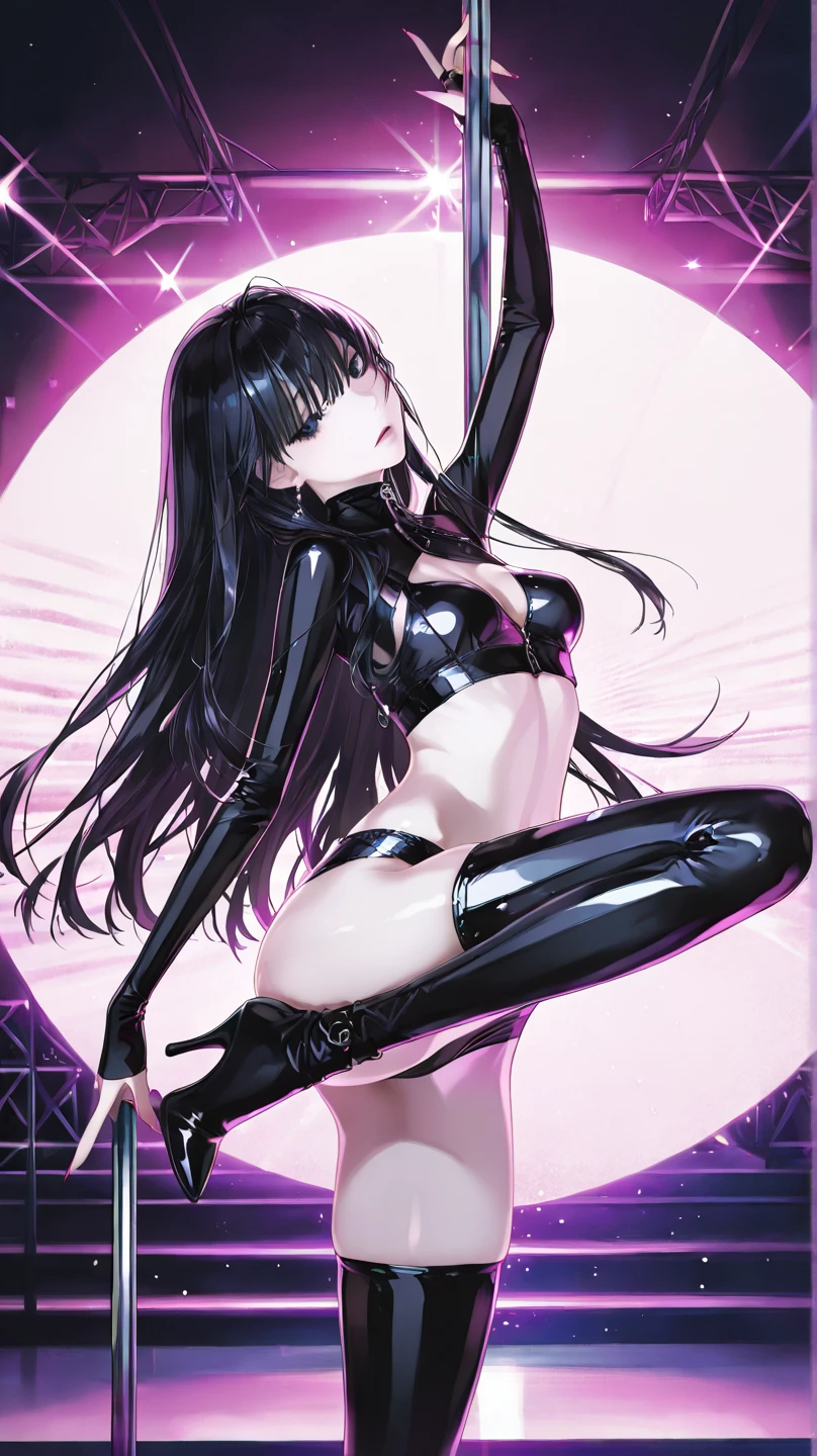 (8k、Best image quality、highest quality、masterpiece)、Detailed face、1 girl、Black Hair、Long Hair、Twin tails、Blunt bangs、Bright Eyes、Wicked Smile、((Grin))、Small breasts、、((Raise your knees))、Sit on the stairs、Shoot from below、Urban Background,latex,elbow gloves,thighhigh boots,latex fingers,latex hands