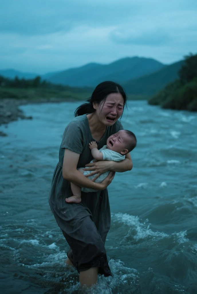 Baby into flood affected area.
