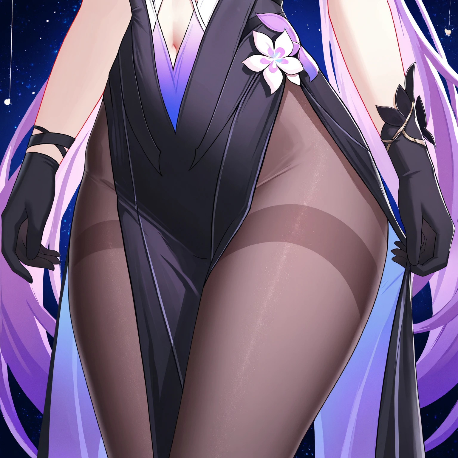 highest quality　Highest quality　draw the face carefully　Anime style high quality face　Super Glowing Skin　Black full body suit　Purple pantyhose　barefoot　Succubus　lure　smile　Rear view　Back view