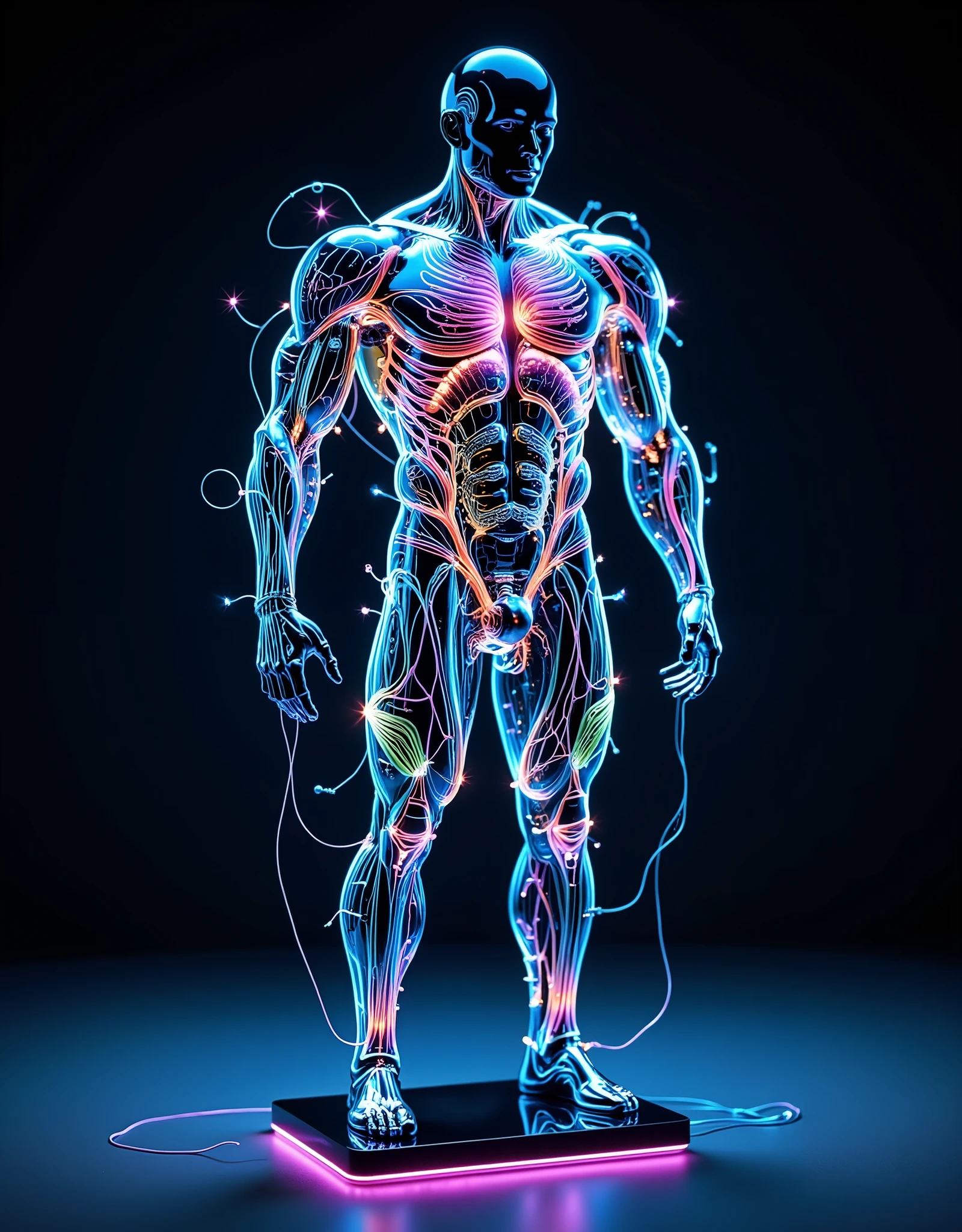 Realistic detailed shot, state-of-the-art completely transparent sports uniform, mounted on a diagonally inclined demonstration stand, made of completely transparent glass, beautifully decorated on a dark blue background, cyber-futuristic design, exciting design with many complex internal details in different colors, cables and electrical parts, the uniform is illuminated from the inside. from behind, Realistic anatomy, detailed networks, complex schemes, intertwined networks, photographically small details, bright colors, shooting from ground level, Dutch camera angle, 64k quality, raw style, stylization
