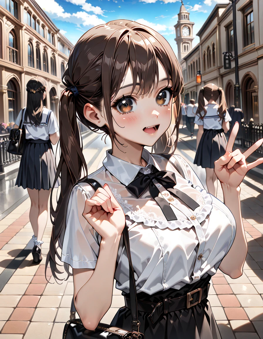 one woman,mini skirt,blouse,cleavage between breasts,boobs,large breasts,cute face,drooping eyes,big eyes,smiling,flushed cheeks,medium hair,semi-long hair,long hair,wave hair,from above,outdoor,daytime,Crowd of People,anime style,masterpiece, extremely fine and beautiful,illustration
