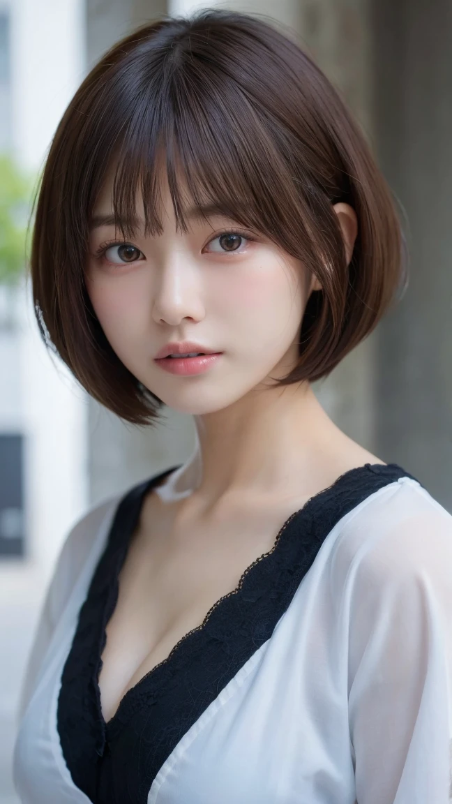 Realistic、masterpiece、Highest quality、Highest quality、8k、RAW Photos、Cinema Lighting、Strong sunlight、dazzling、little sweat、Very cute one、Short hair up to ear length、Brush your hair back、Moisturized hair、Her hair is swaying in the wind from the front.、Background seen from the road、Upper Body、Photo of your face、profile、Eyes focus、Clothes to wear on a very hot day、Laughter、The depth of the written world、Wide Light、High Contrast、Shine、chromatic aberration、Sharp focus、Raw color photography