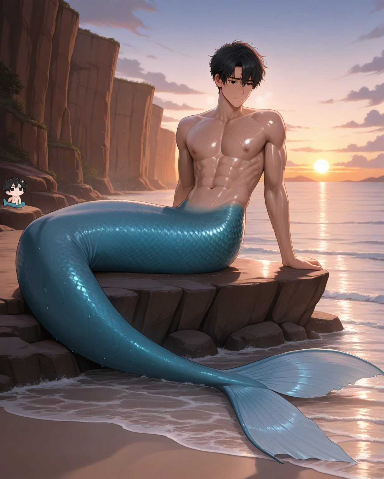 chinese goddess venus male version sitting on a shell in the sea