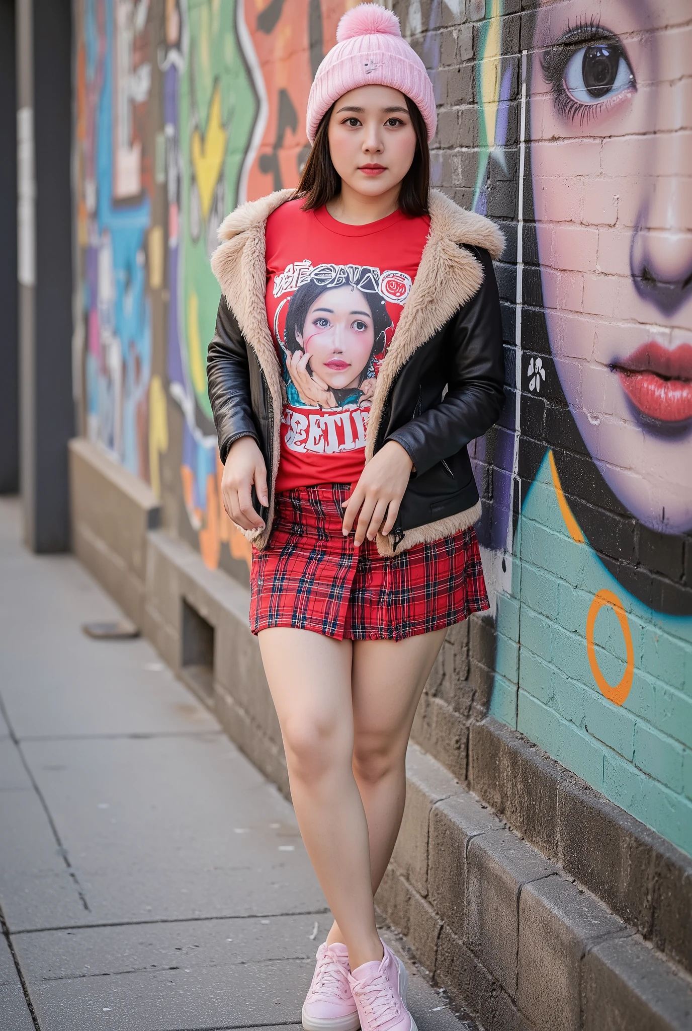 A beautiful, slightly overweight Southeast Asian woman stands next to a wall with colorful graffiti art. The graffiti features a large, stylized portrait of a woman's face and the word "BETINA". The woman is wearing a red Japanese-style T-shirt with her own face, a pink hat with a pompom made of winter fur, she is wearing a leather jacket with fur trim, a red plaid pleated mini skirt, and pink sneakers. The background of the graffiti has various colors and artistic elements.