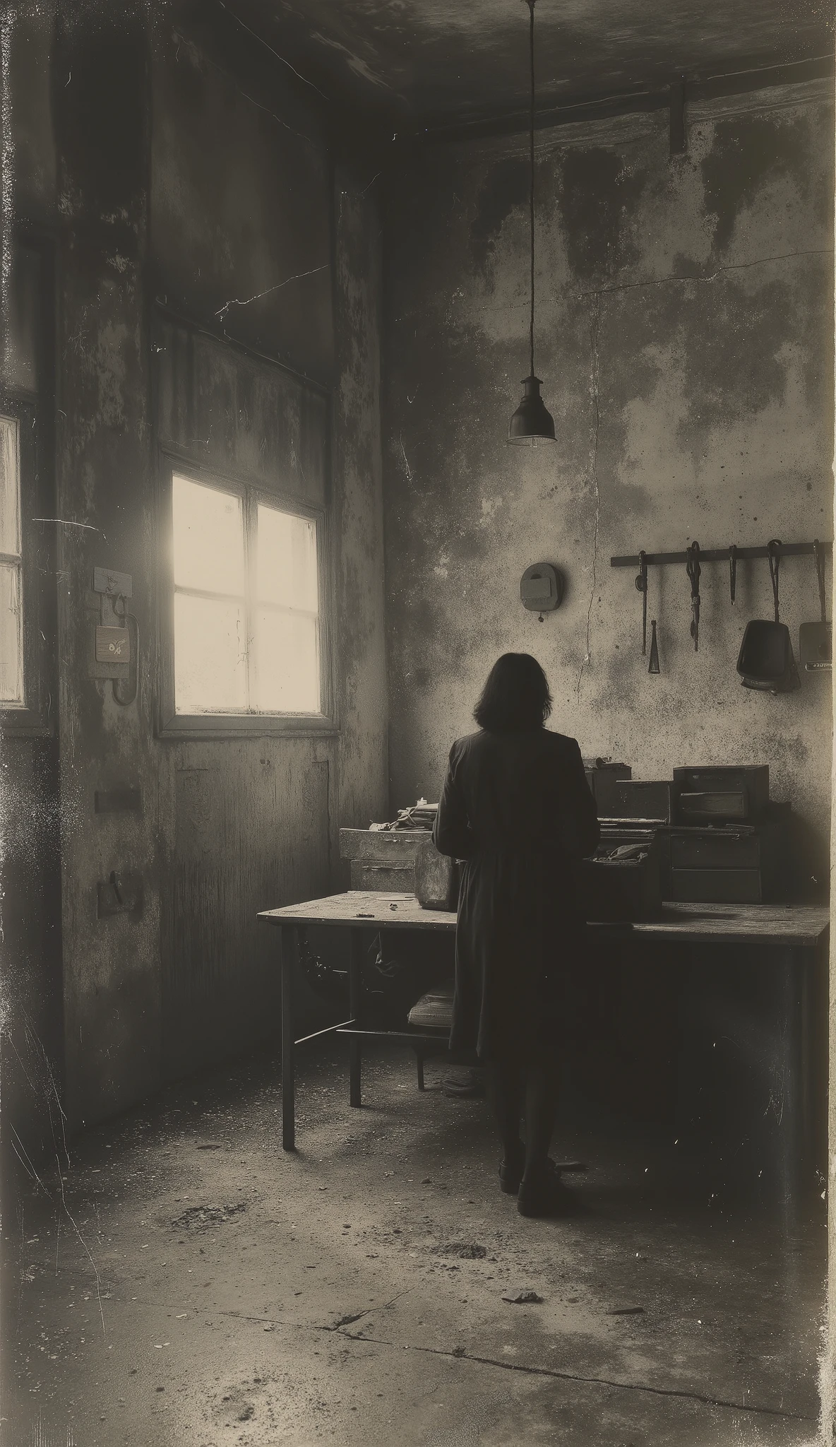 Inside the warehouse, the man places the woman on a rusty metal table. Around him, old boxes, Tools hanging, dust in the air. Look at the half-open door, Waiting. The light of the lamp hangs over them, casting long shadows. Era: 1933. discolored old photo, sepia, soft colors, light golden tone of the sunset filtering through a crack, masterpiece, highest quality tattoo, super detailed theme, Ultra high resolution, 8K.