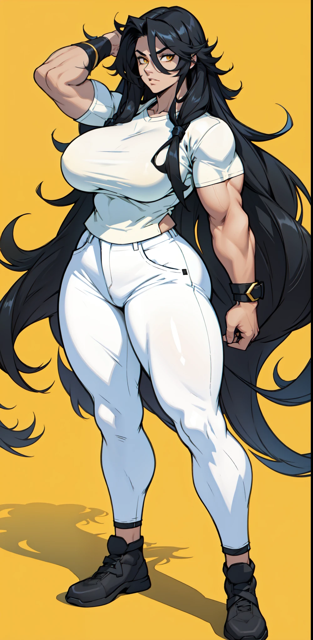 1girl solo black hair yellow eyes very long hair pale skin muscular muscular muscular muscular toned body huge muscles thick thighs girl tight clothes angry blushing messy hair leggings tight shirt long sleeves thick thick thick thick thick thick