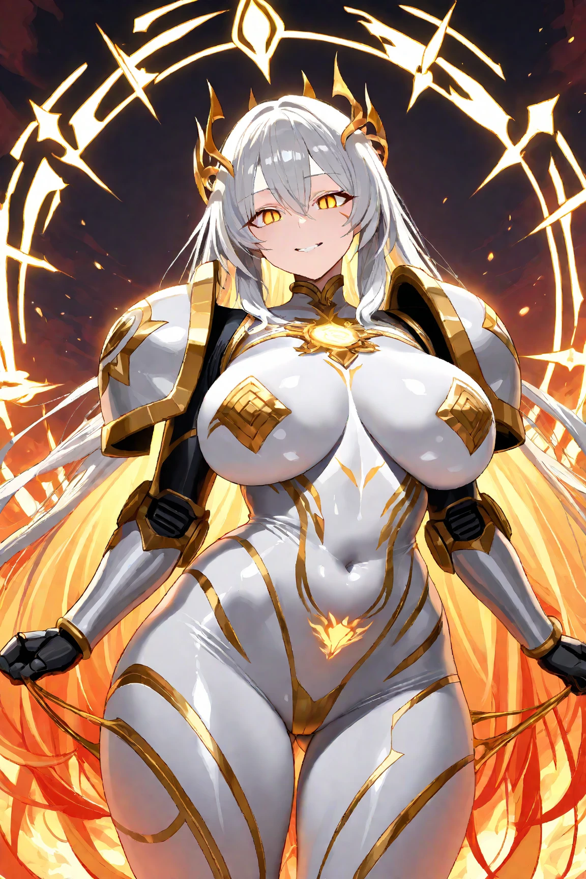 1girl, solo, long hair, large breasts, athlete, (bikinia armour), bangs,hair over one eye, waistcloth, bare limbs, bare stomach, bare thgihs, Humanoid face and body, stripes on cheeks, standing, erotic pose, erotic smile, nose blush, dark skin, allfours, Glowing Skin, from below