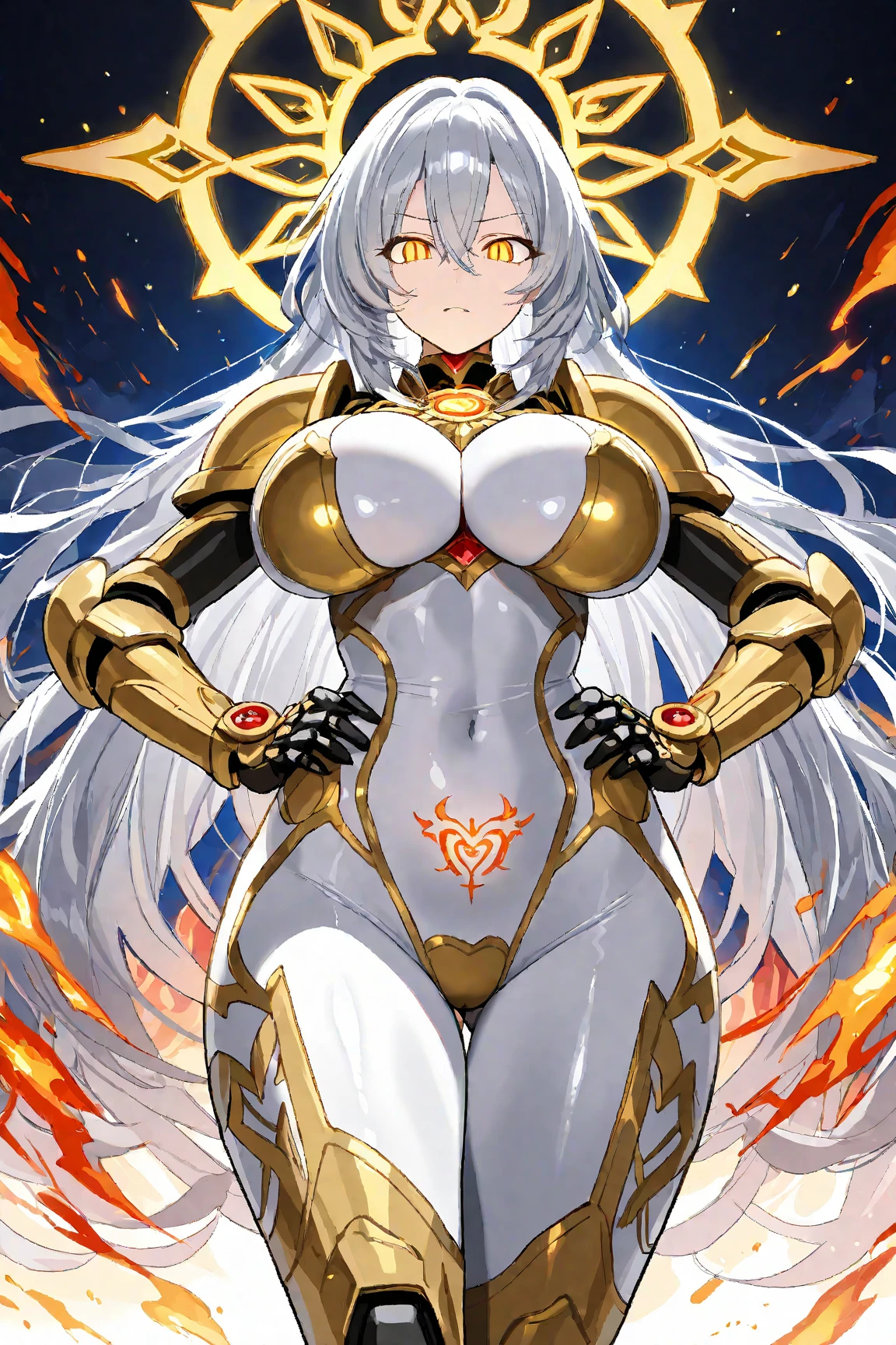 (((Golden Spear))), ((Lightning Power)), ((Electricity)), ((Fire Background)), (((android 21 Evil))), (((white Coat))), (((Darkness power))), (((Busty))), luxury bustier corset, ((silver hair)), (((Very slim waist))), propotional body, ((Gorgeous)), (((gold wings))), masterpiece, hyperdetail, ambient effect, digital effect, (((Fire Spear))), (((Lightning Spear))), (((Fire Gold Armor))), (((Lightning Gold Wings))), ((Fire Demon Horns))